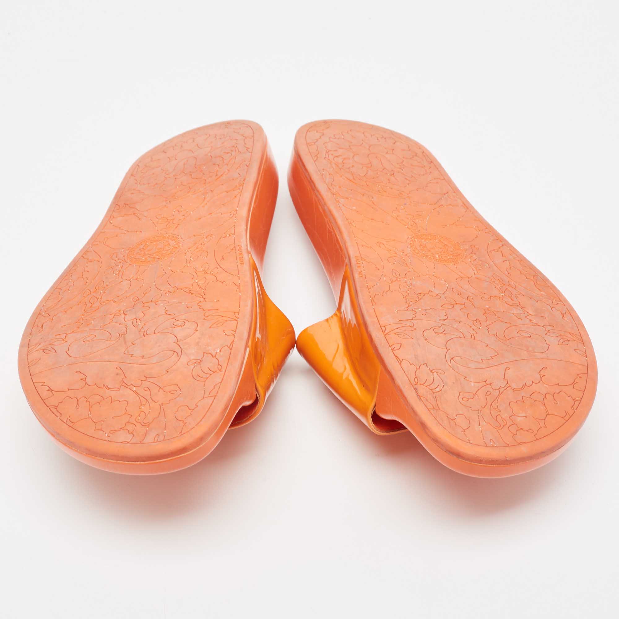 Versace Orange Patent Leather Medusa Flat Slides Size 41