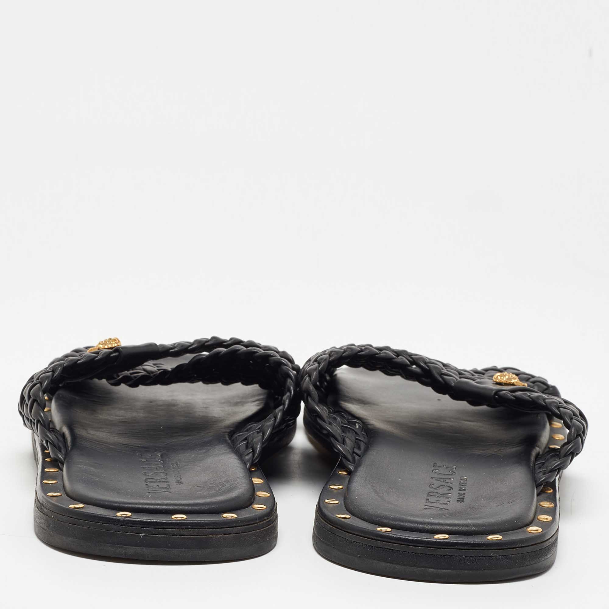 Versace Black Studded Woven Leather Medusa Slide Sandals Size 42