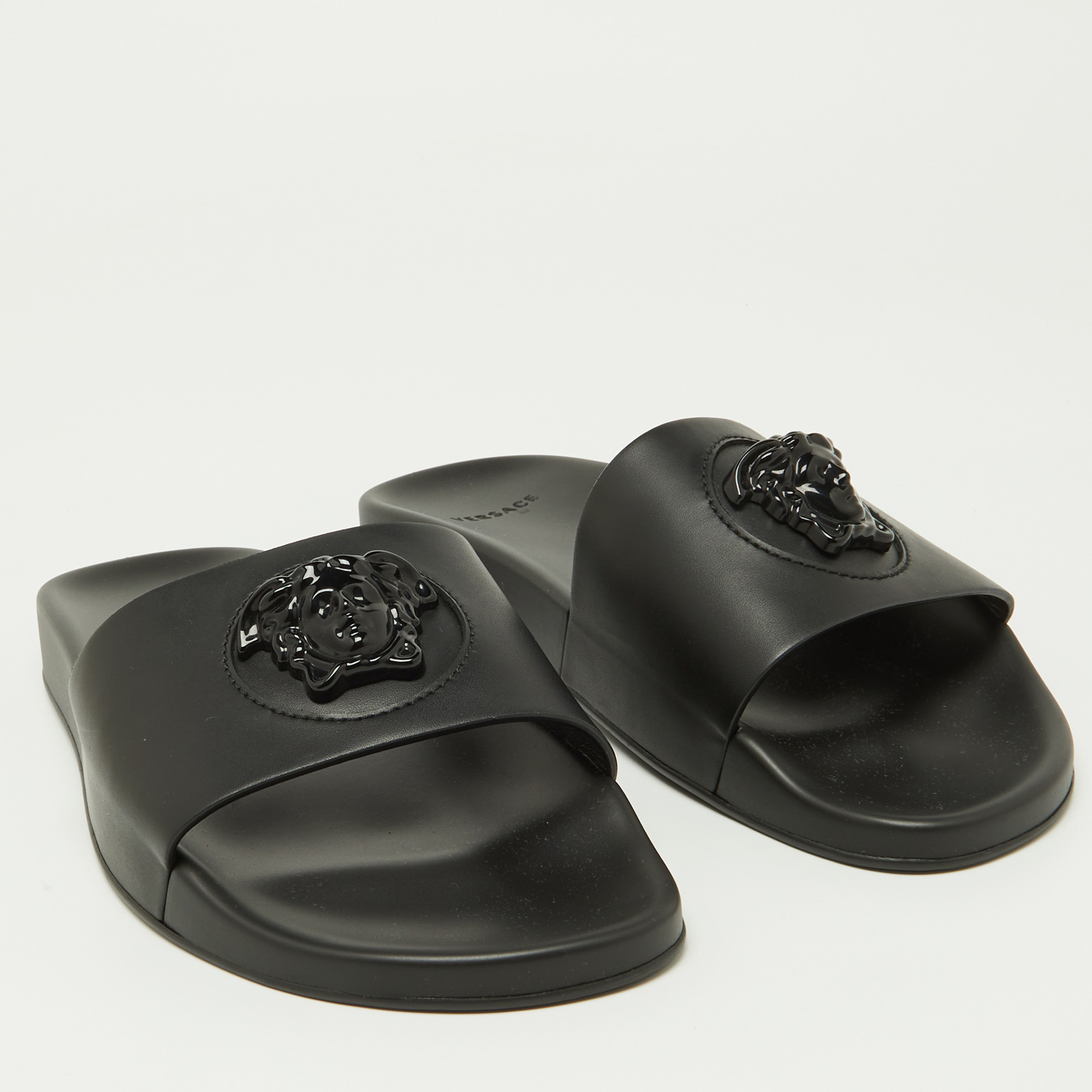 Versace Black Leather Medusa Flat Slide Sandals Size 43