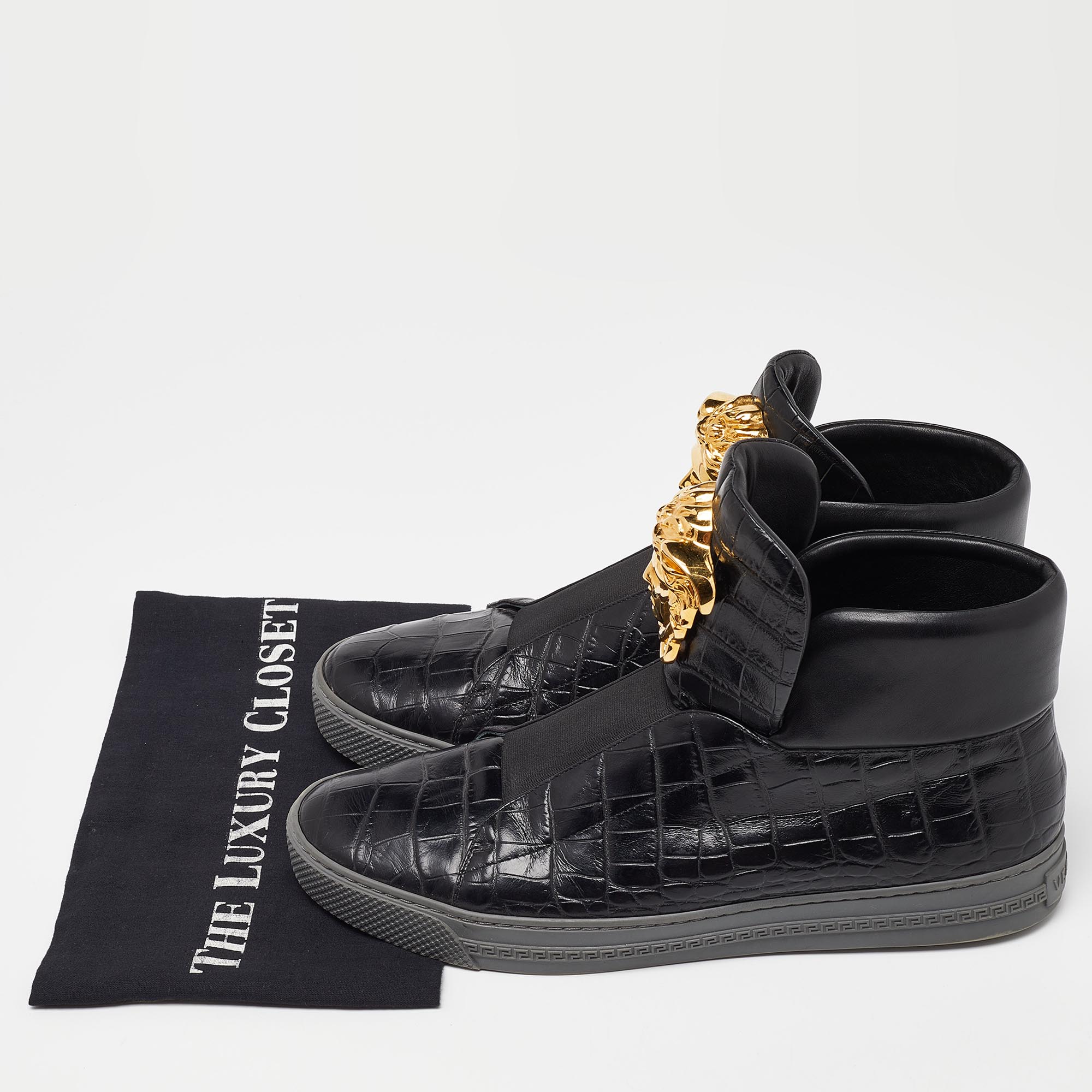 Versace Black Croc Embossed Leather Medusa High Top Sneakers Size 42