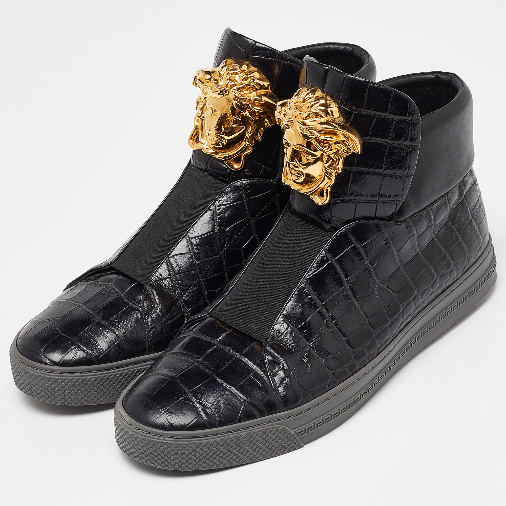 Versace Black Croc Embossed Leather Medusa High Top Sneakers Size 42