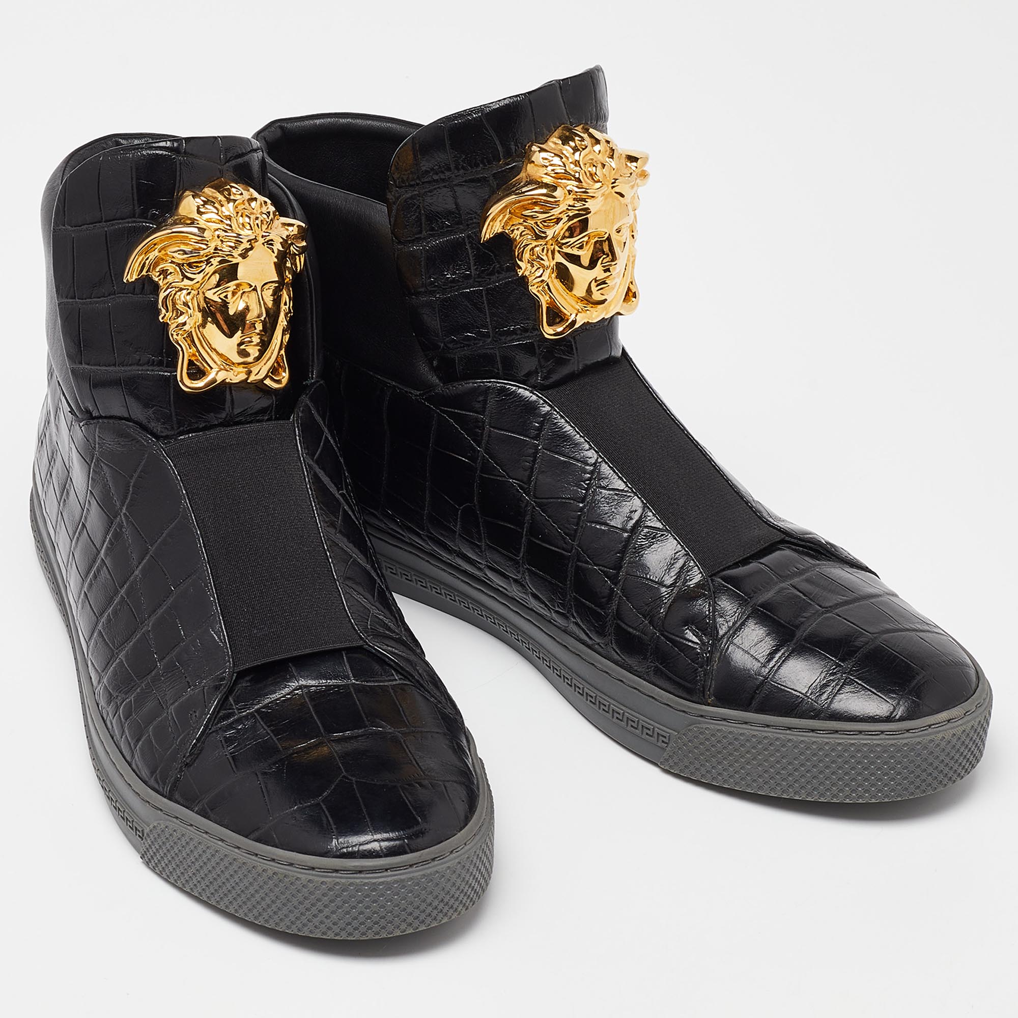 Versace Black Croc Embossed Leather Medusa High Top Sneakers Size 42