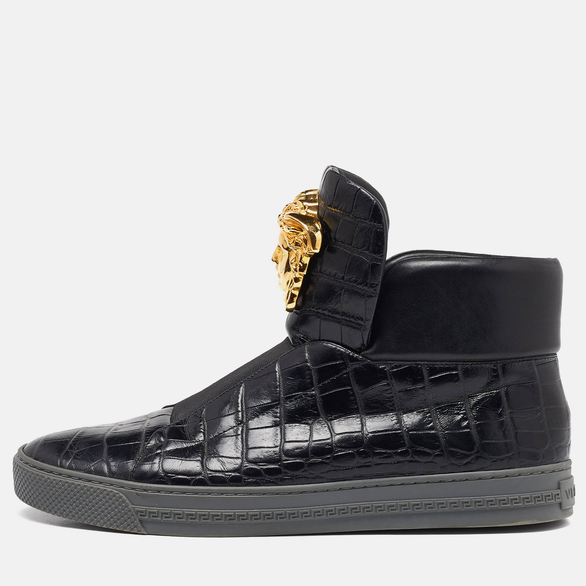

Versace Black Croc Embossed Leather Medusa High Top Sneakers Size