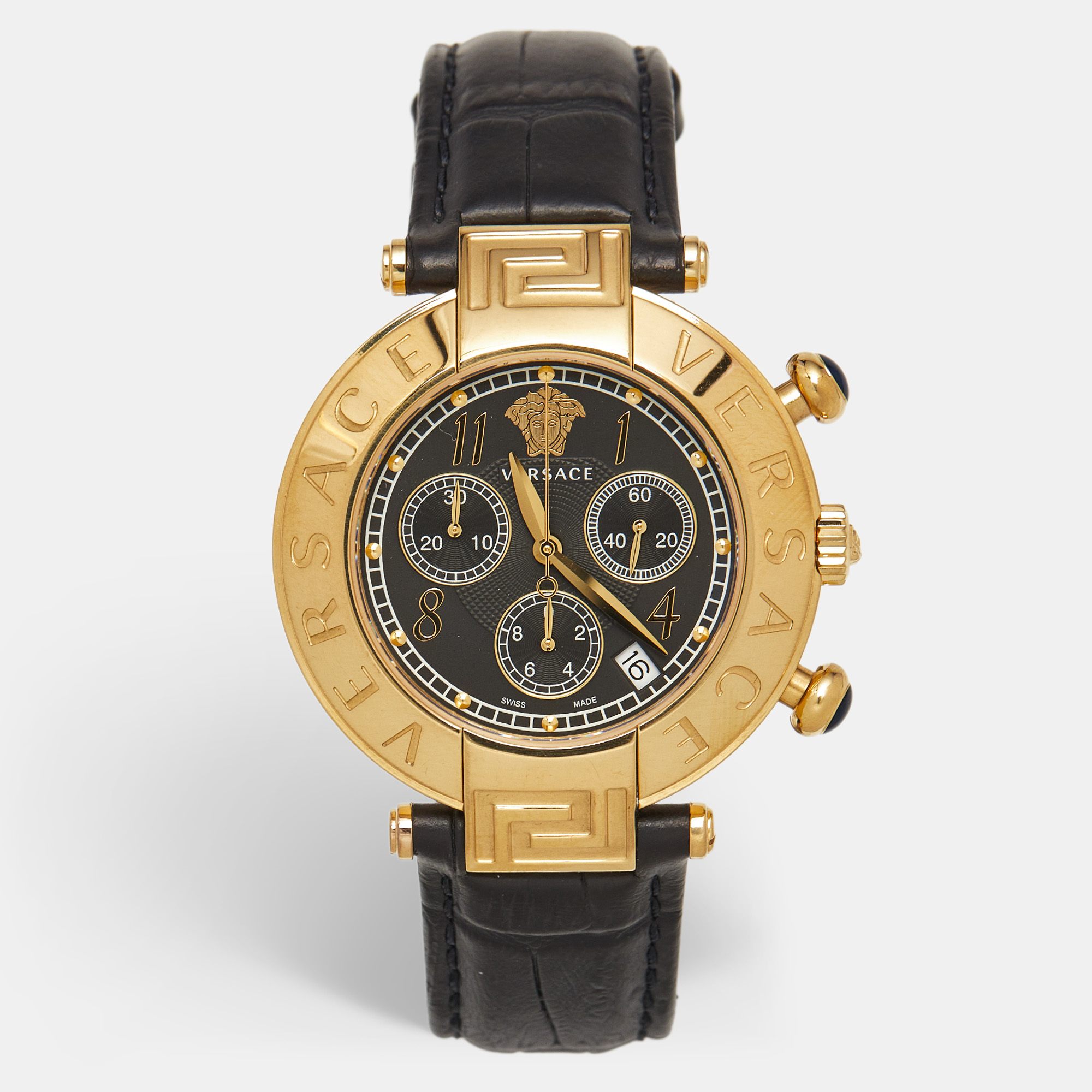 Versace Black Gold Plated Stainless Steel Embossed Leather Reve Q5C Men's Wristwatch
Versace Black Gold Plated Stainless Steel Embossed Leather Reve Q5C Men's Wristwatch