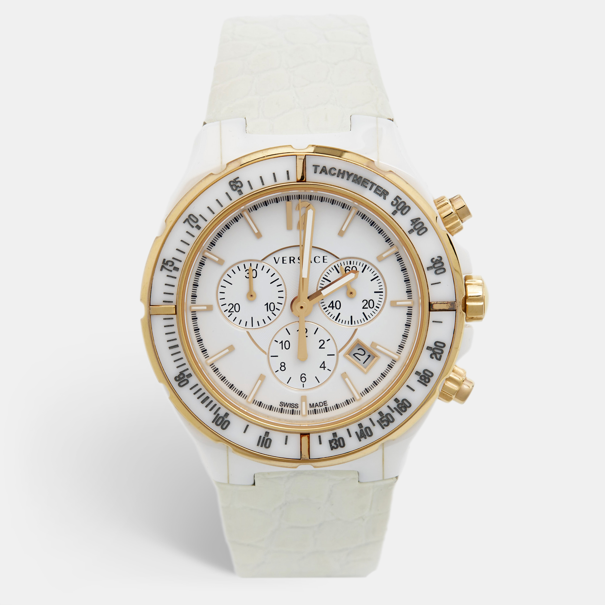 Versace white ceramic rose gold plated stainless steel leather dv one chronograph 28c unisex wristwatch 42 mm