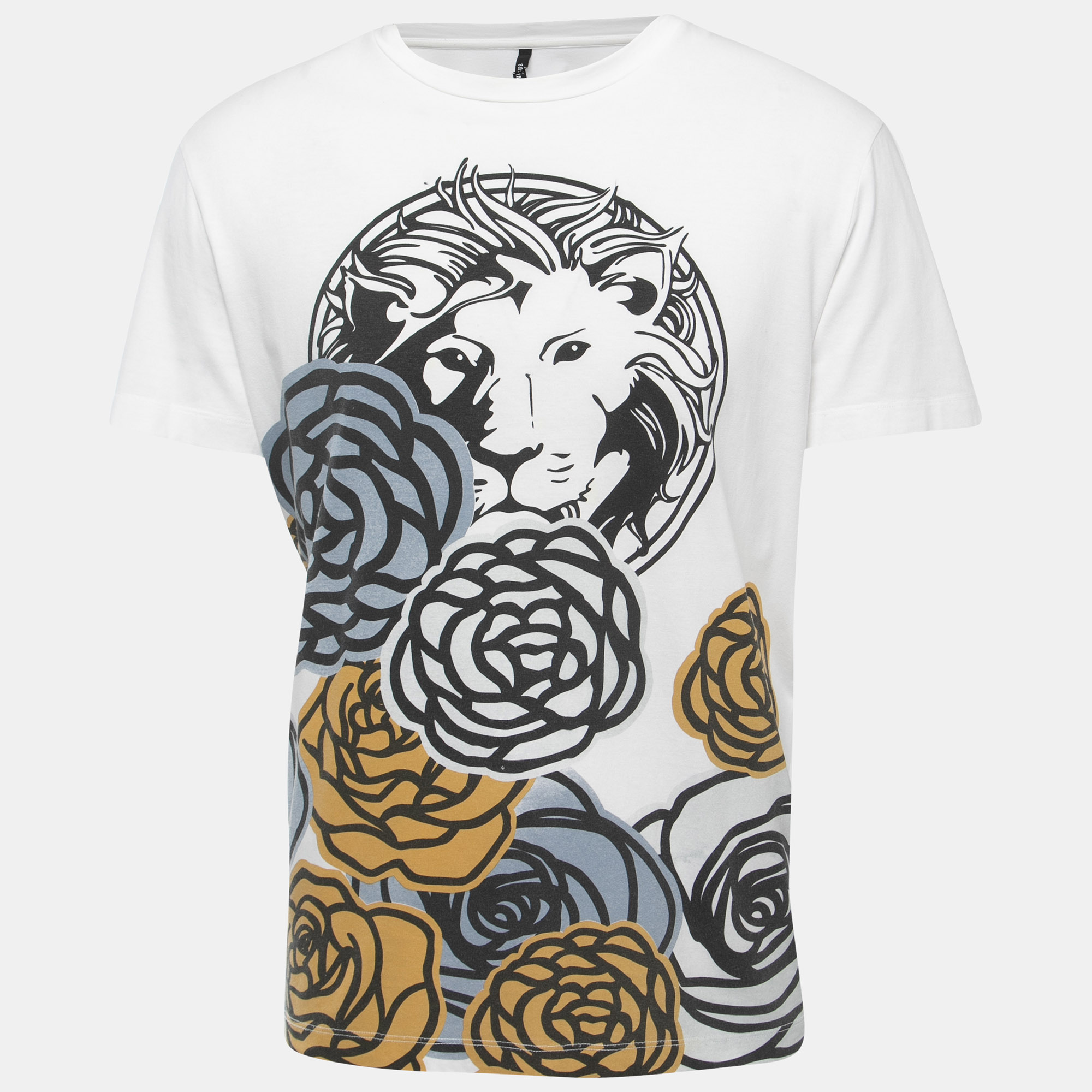 Versus Versace White Lion Print Cotton Crew Neck Half Sleeve T-Shirt L