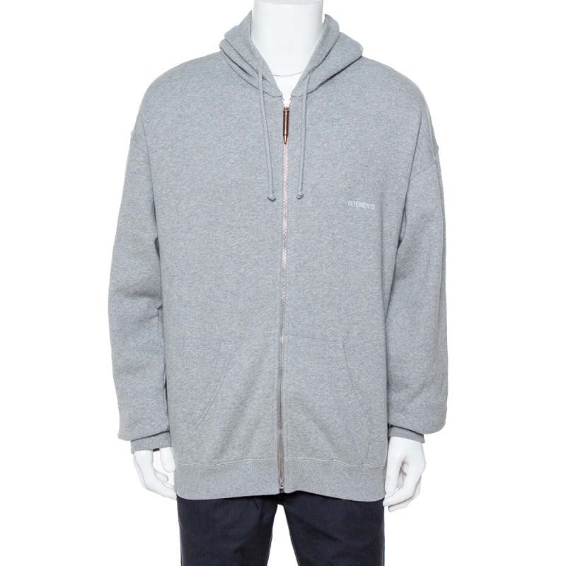 Image of Vetements Grey Cotton Elbow Cutout Detail Zip Front Hoodie L