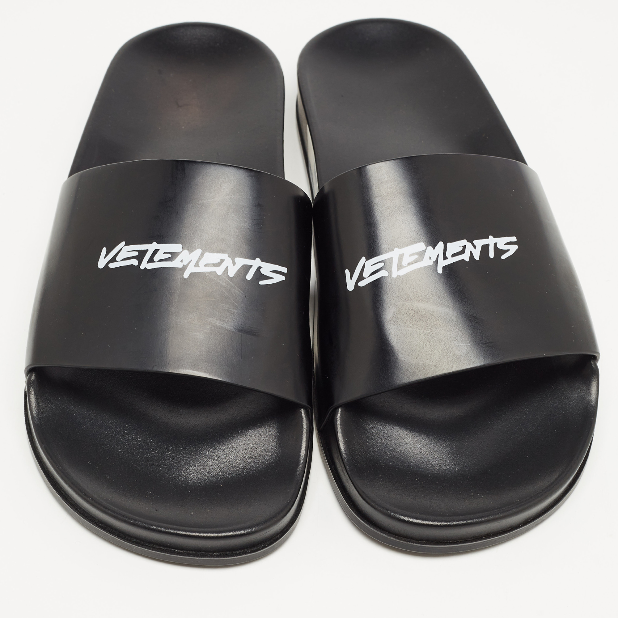 Vetements Black Leather Logo Flat Slides Size 43