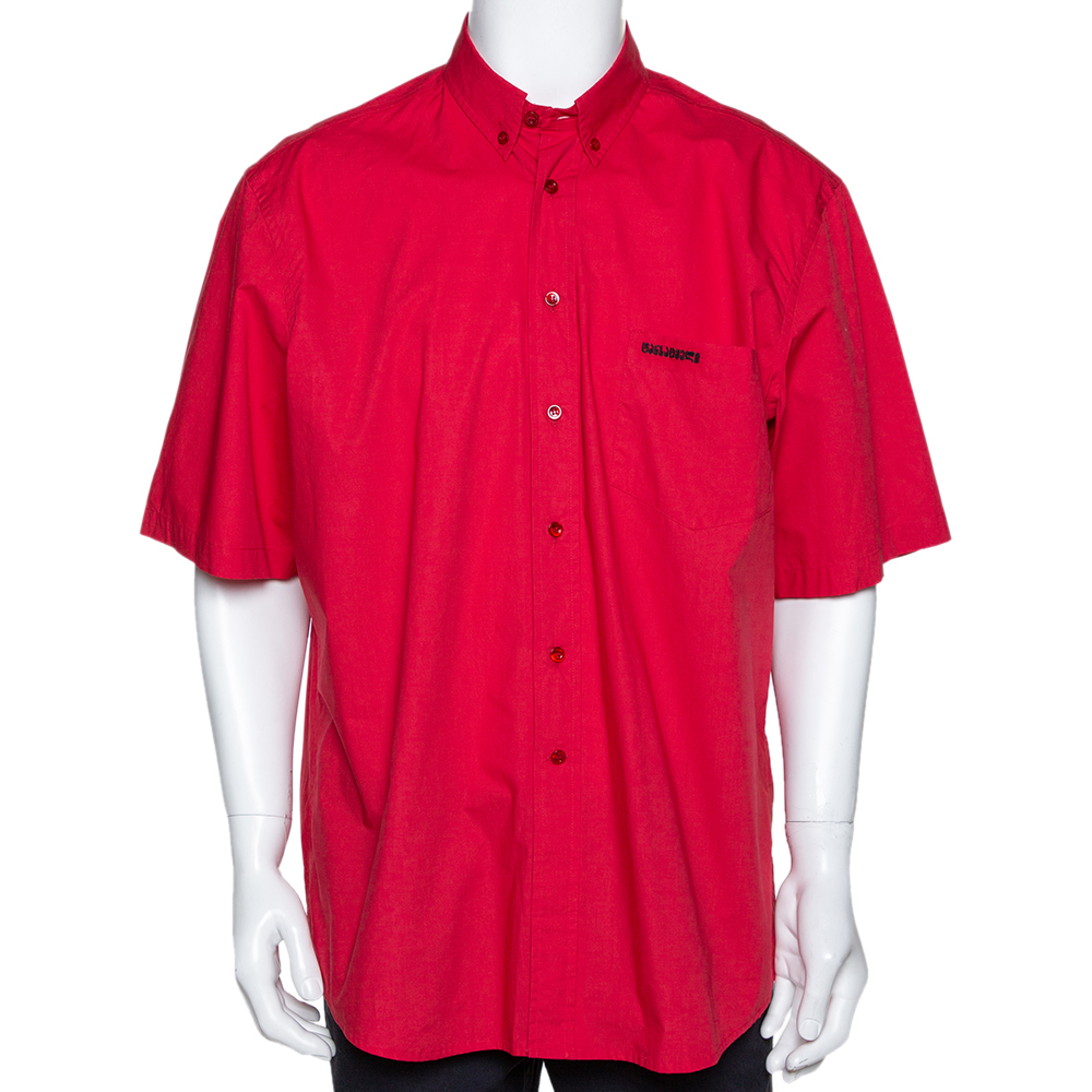 Image of Vetements Red Embroidered Cotton Button Down Short Sleeve Shirt XL