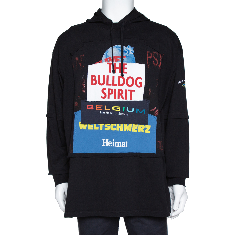 Image of Vetements Black Knit 'Bulldog Spirit' Patchwork Hoodie XS