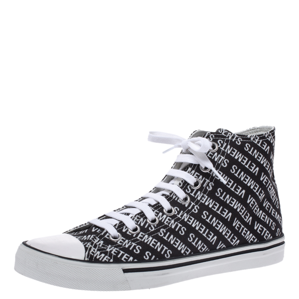 Image of Vetements Black/White Logo Print Canvas Hi-Top Sneakers Size