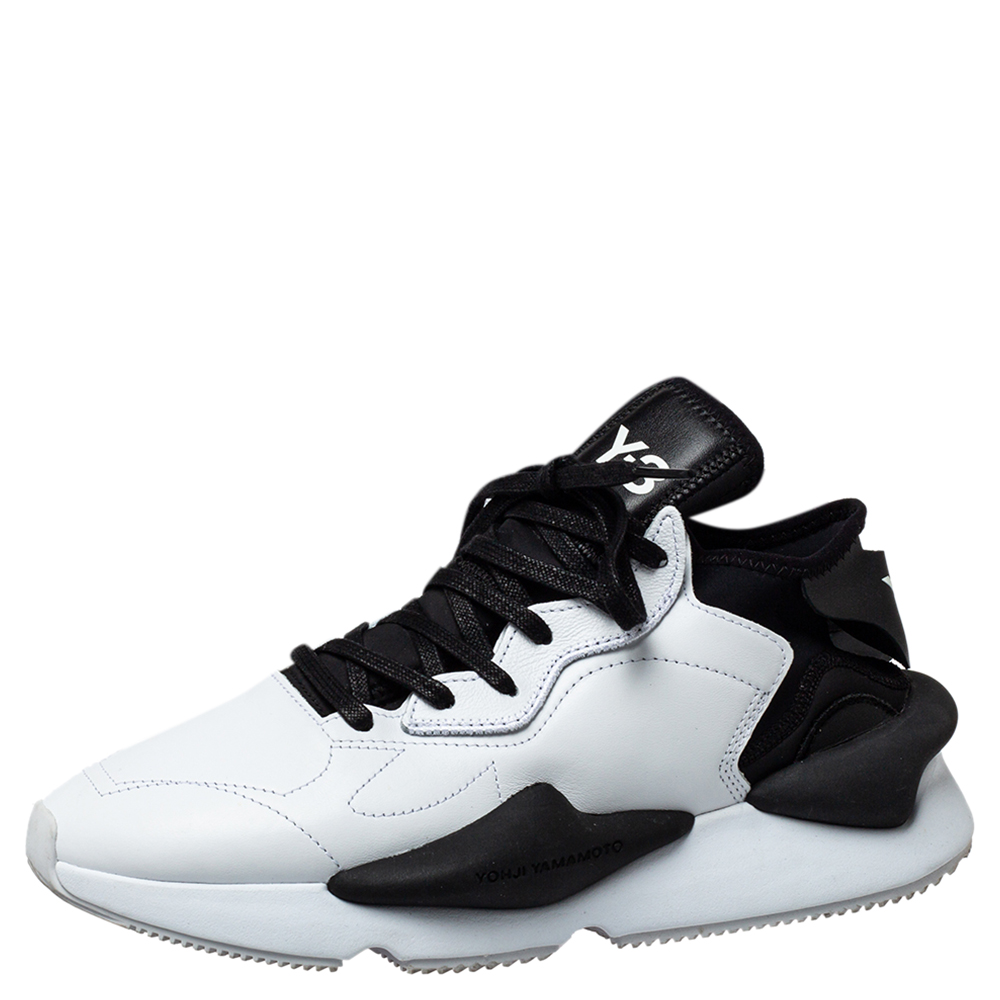Y-3 White/Black Leather And Stretch Fabric Kaiwa Sneakers Size 43 1/3