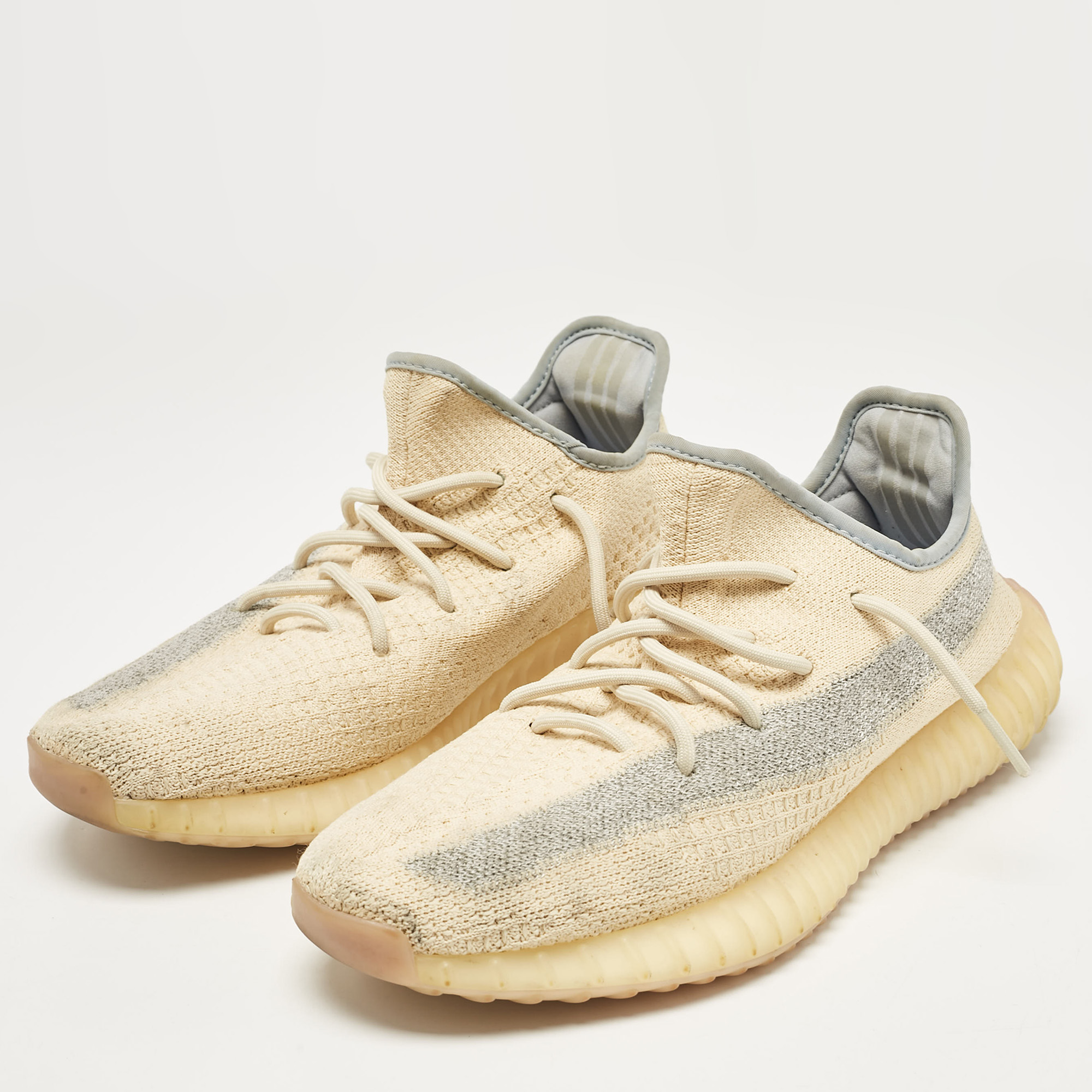 Yeezy X Adidas Beige/Blue Knit Fabric Boost 350 V2 Linen Sneakers Size 44 2/3