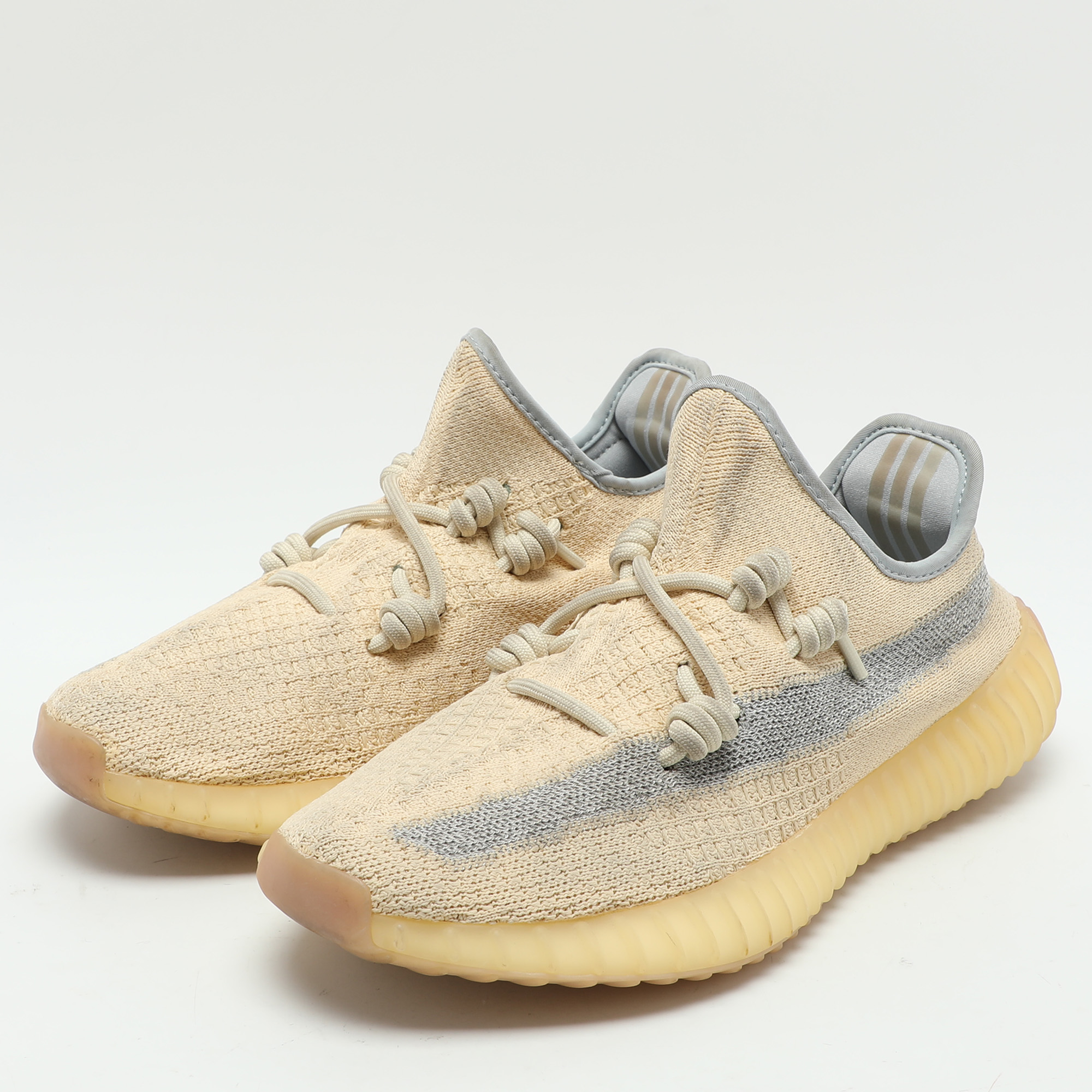 Yeezy X Adidas Beige/Blue Knit Fabric Boost 350 V2 'Linen' Low Top Sneakers 40 2/3