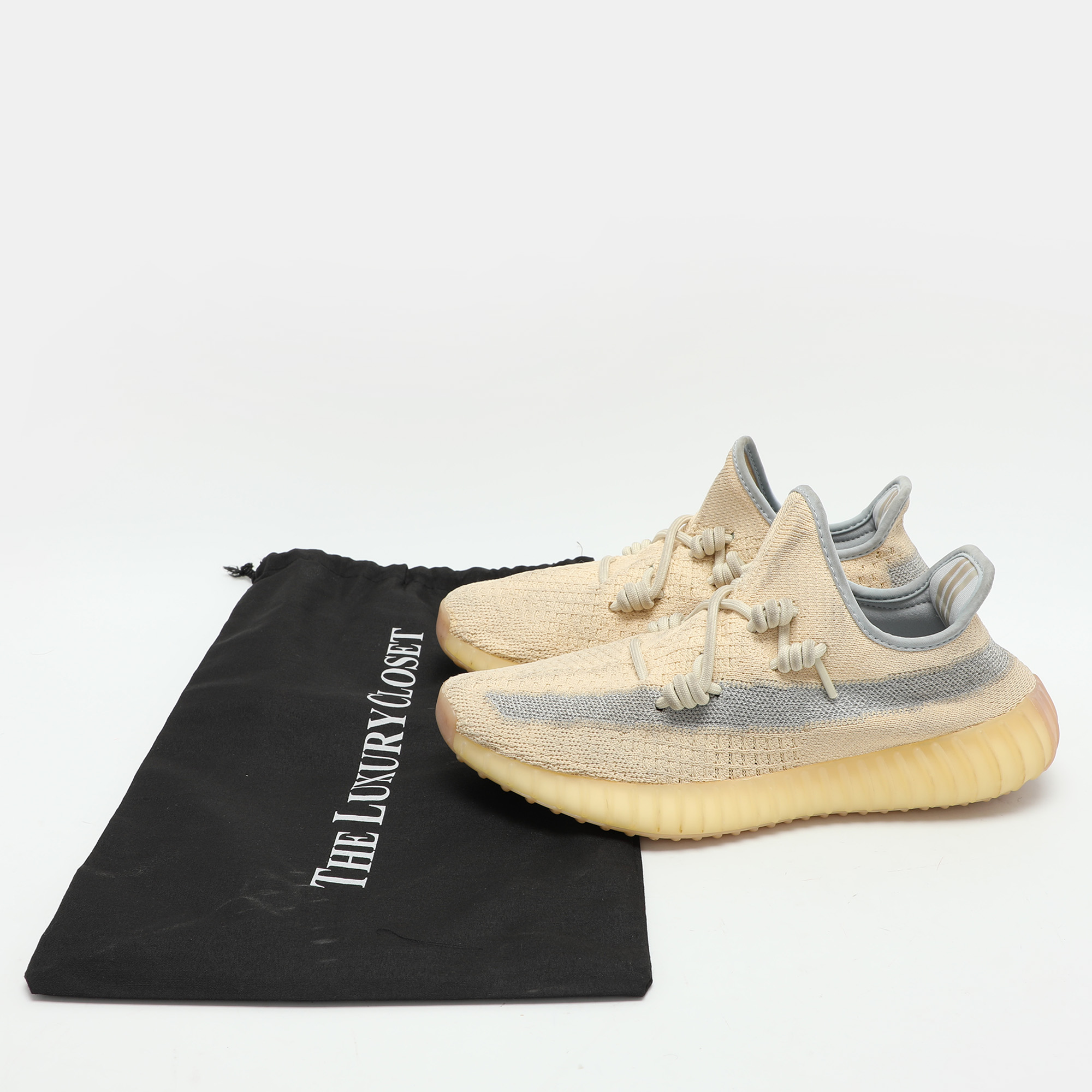 Yeezy X Adidas Beige/Blue Knit Fabric Boost 350 V2 'Linen' Low Top Sneakers 40 2/3