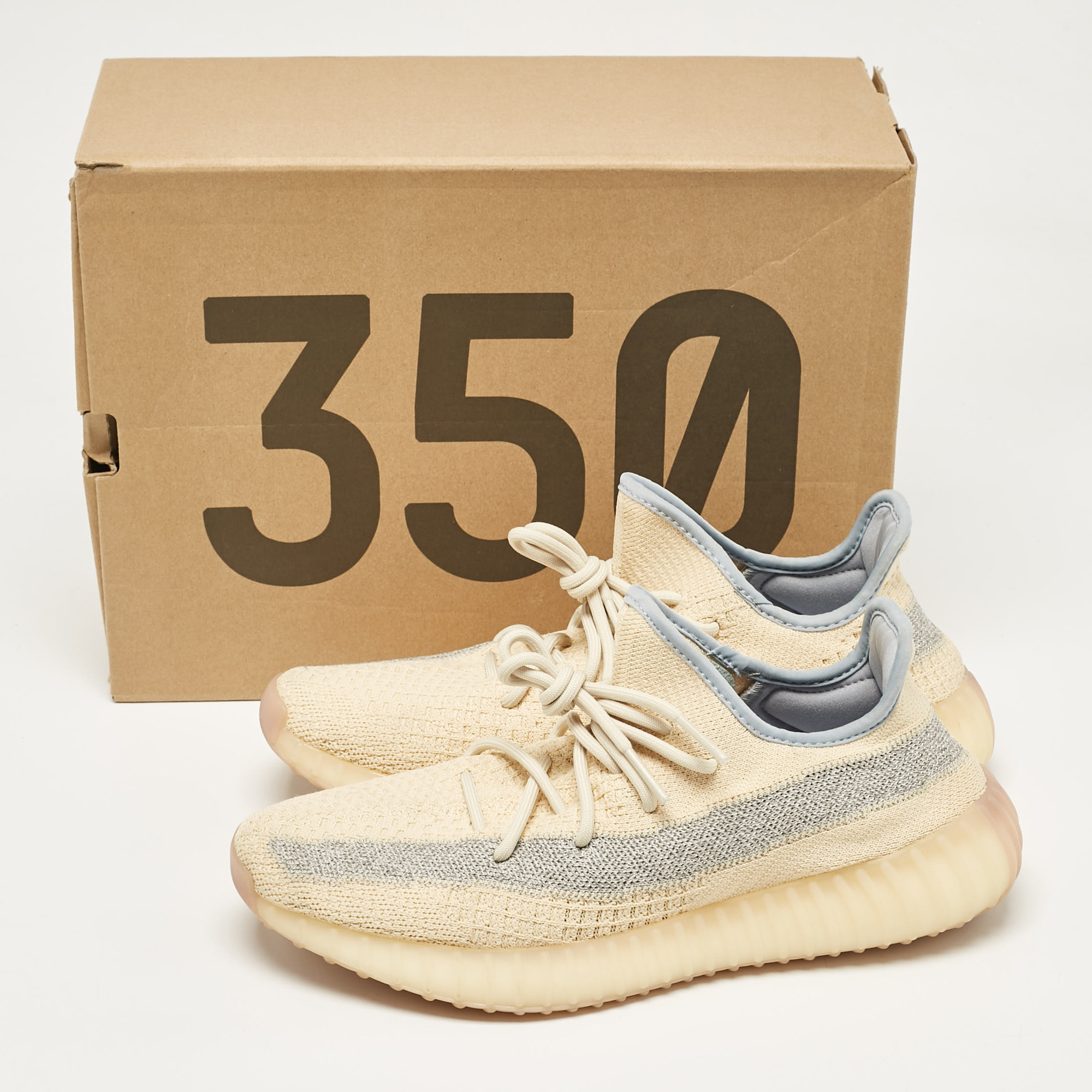 Yeezy X Adidas Beige/Blue Knit Fabric Boost 350 V2 Linen Sneakers Size 44