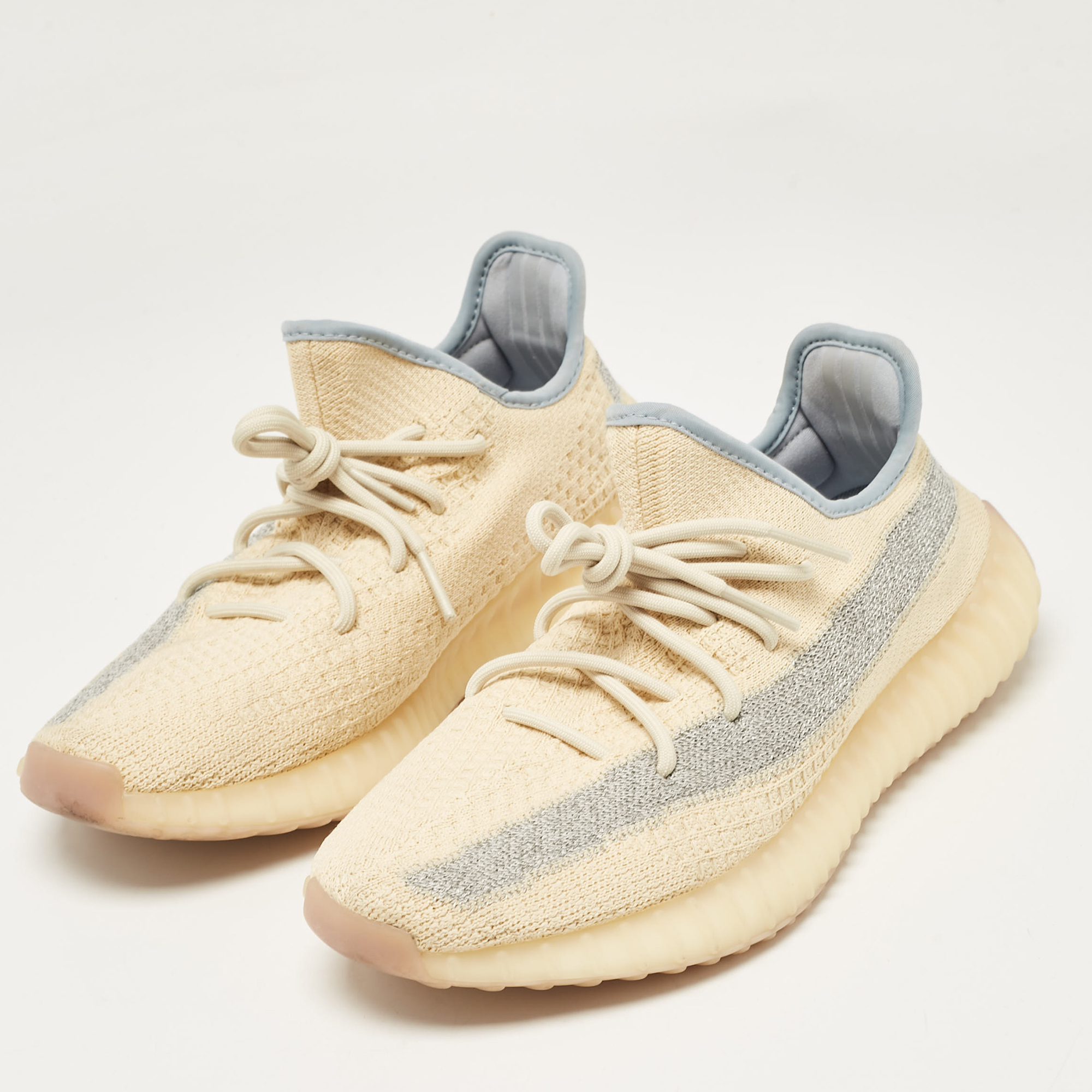 Yeezy X Adidas Beige/Blue Knit Fabric Boost 350 V2 Linen Sneakers Size 44