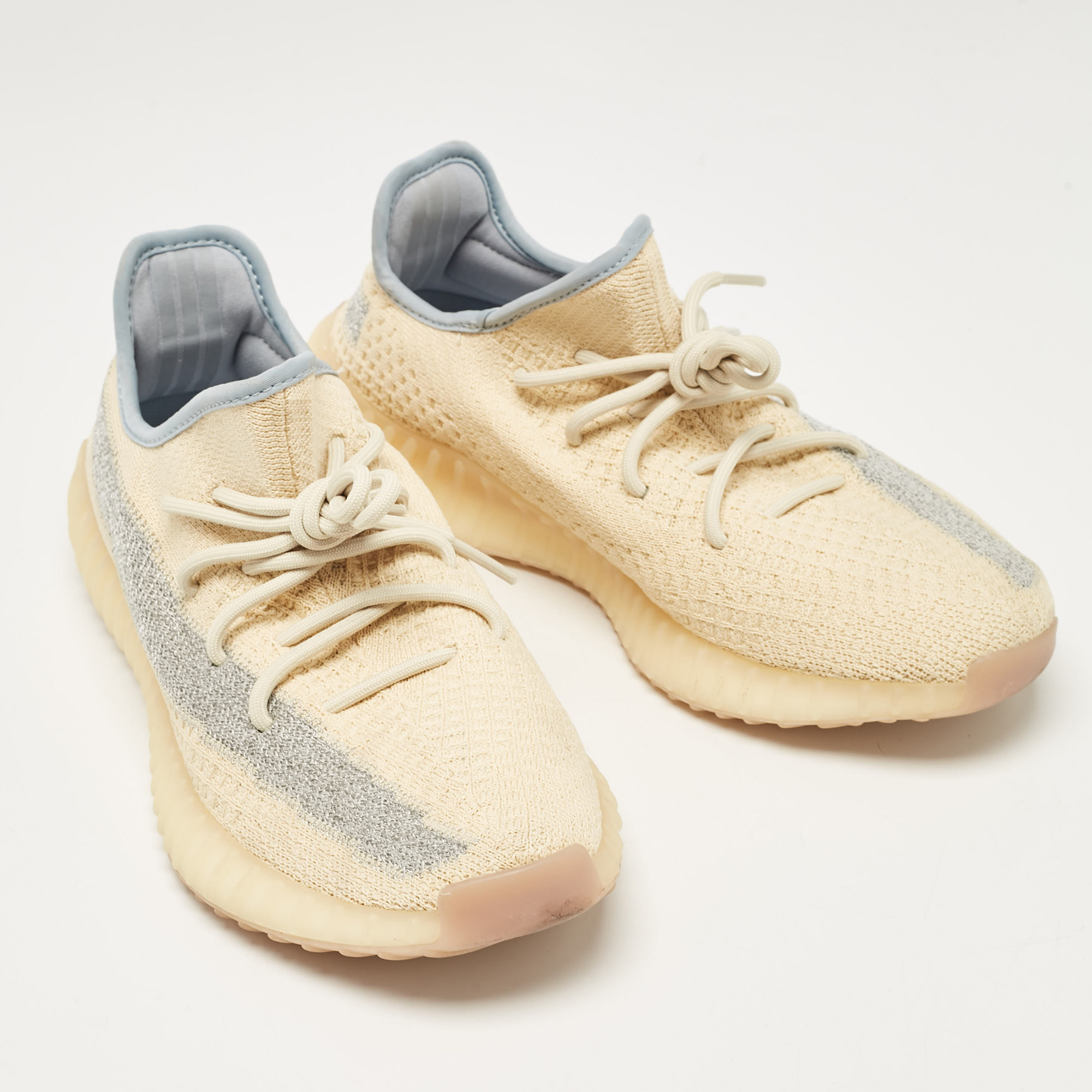 Yeezy X Adidas Beige/Blue Knit Fabric Boost 350 V2 Linen Sneakers Size 44