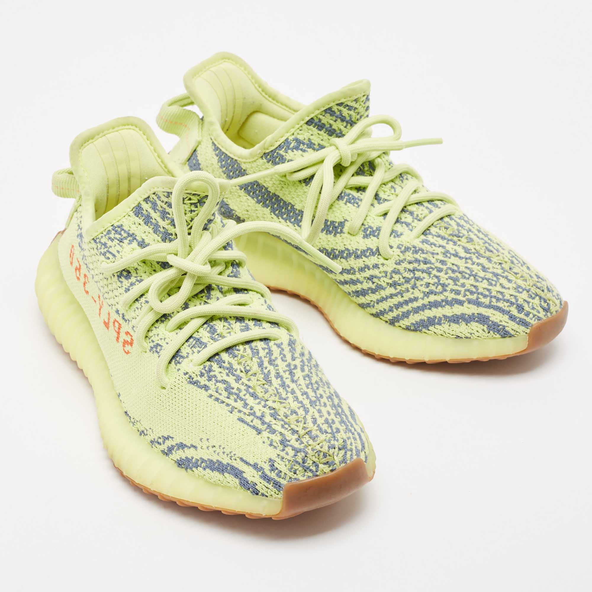 Yeezy X Adidas Neon Yellow Knit Fabric Boost 350 V2 Semi Frozen Yellow Sneakers Size 38