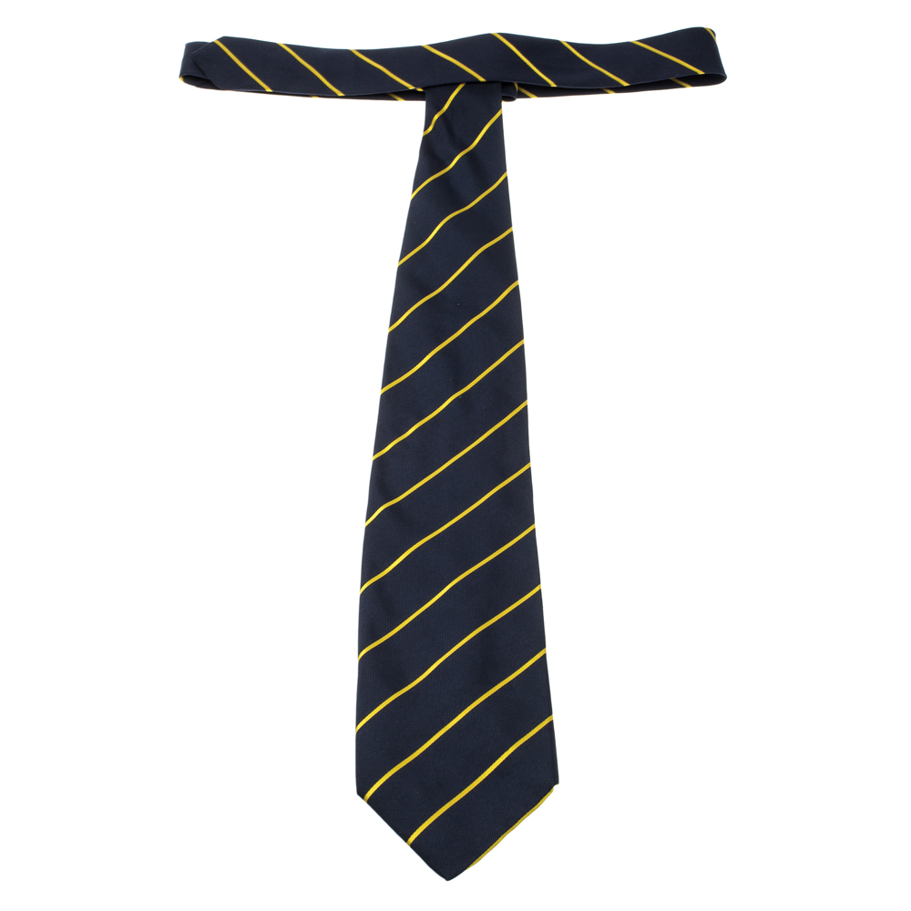 Yves Saint Laurent Vintage Navy Blue And Yellow Striped Silk Tie
