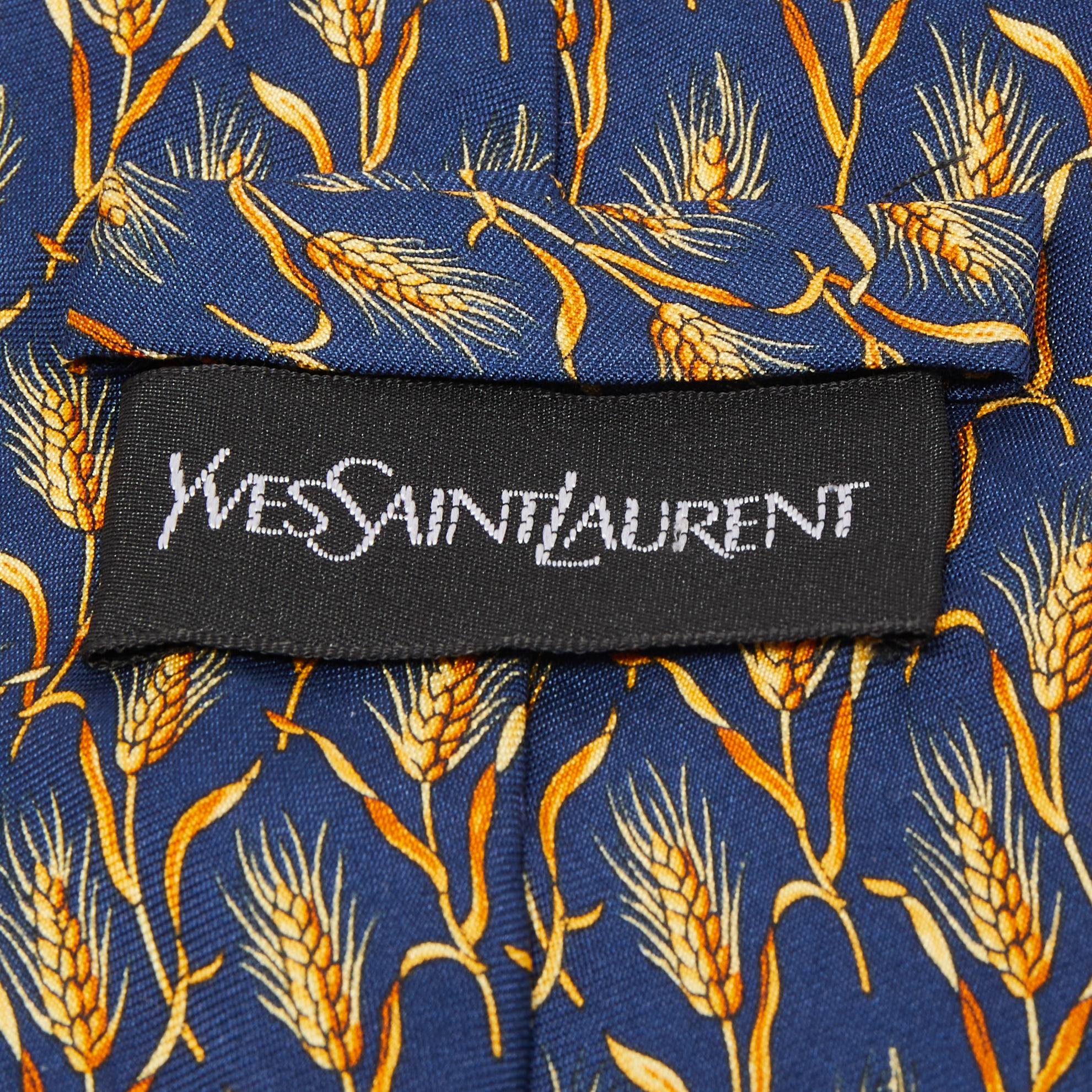 Yves Saint Laurent Paris Navy Blue Wheat Print Silk Tie