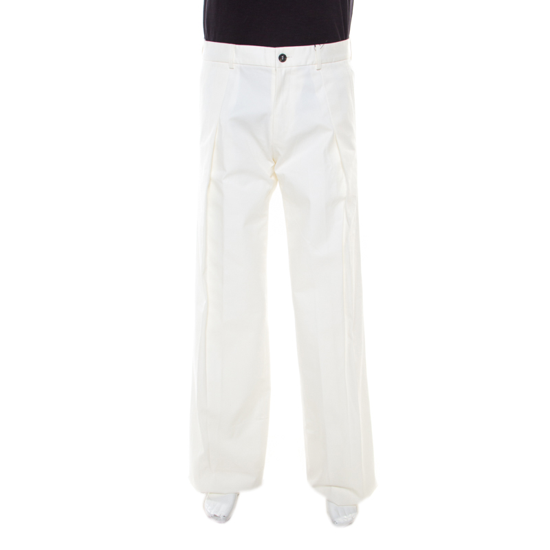 Image of Saint Laurent Paris Off White Cotton Pleat Front Tailored Trousers S
