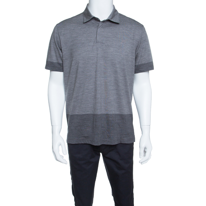 Image of Z Zegna Techmerino Grey Contrast Trim Polo T-Shirt L