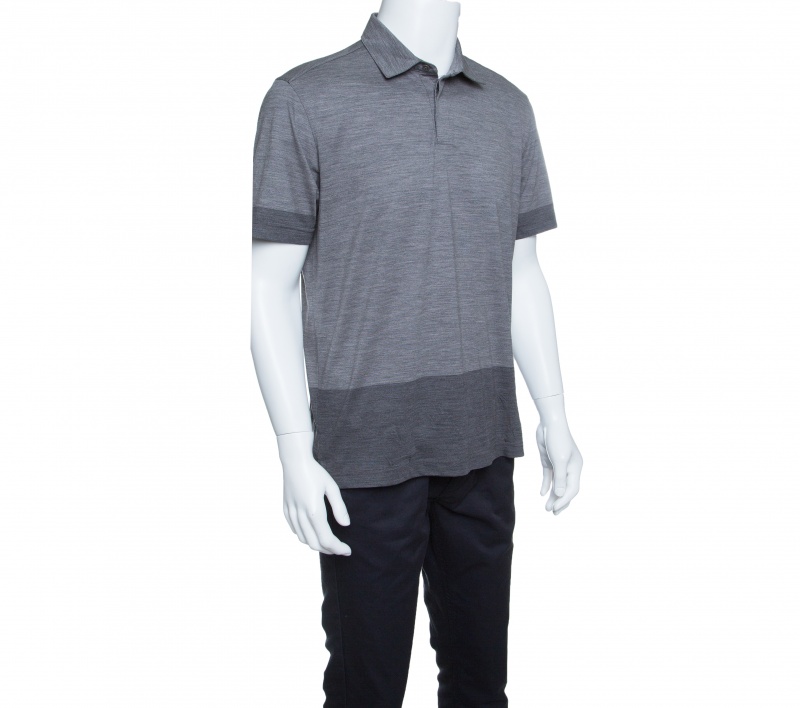 Z Zegna Techmerino Grey Contrast Trim Polo T-Shirt L