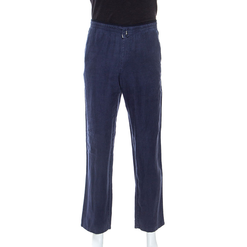 Image of Z Zegna Blue Linen Drawstring Waist Relaxed Fit Trousers M