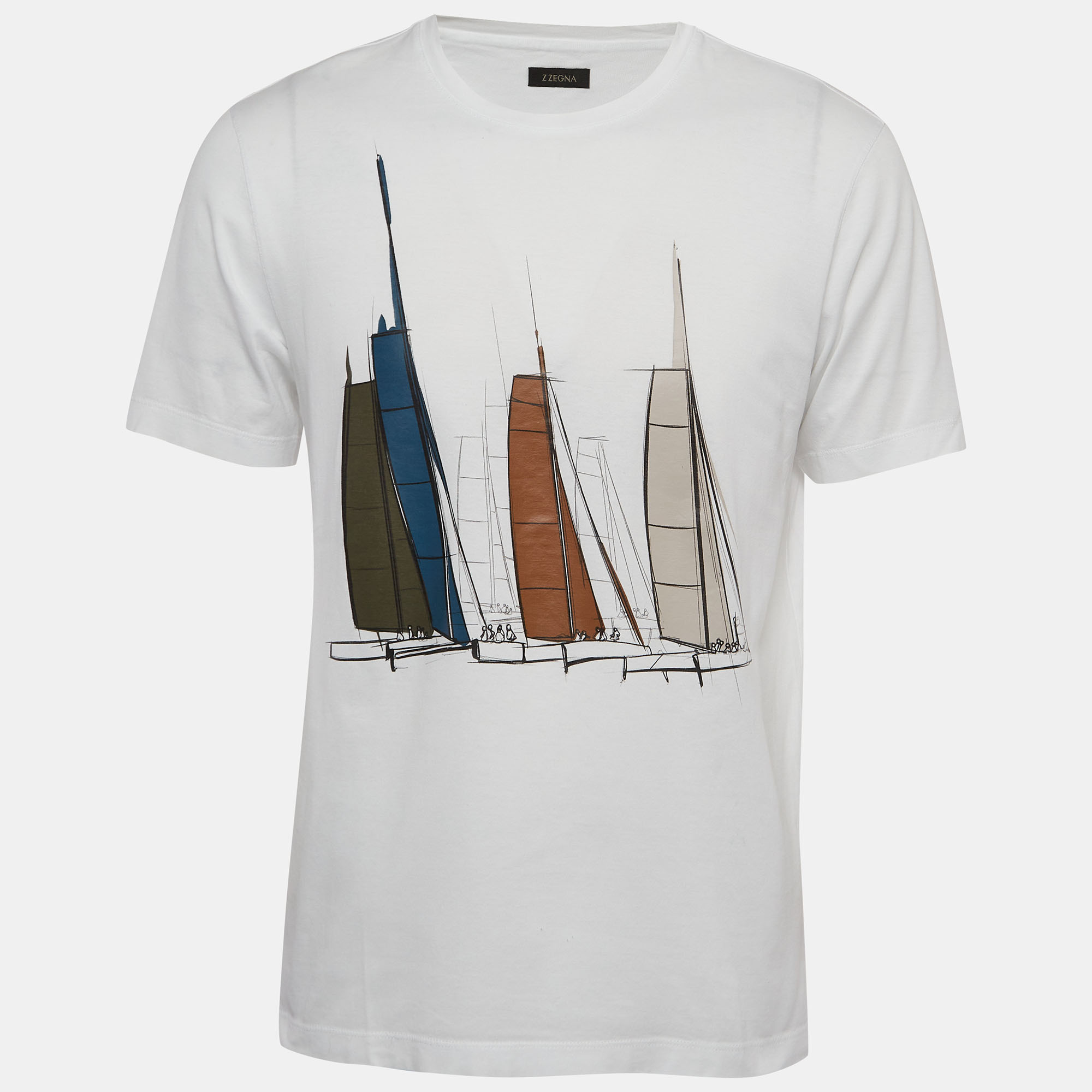 Z zegna white sailing boat print cotton crew neck t-shirt m