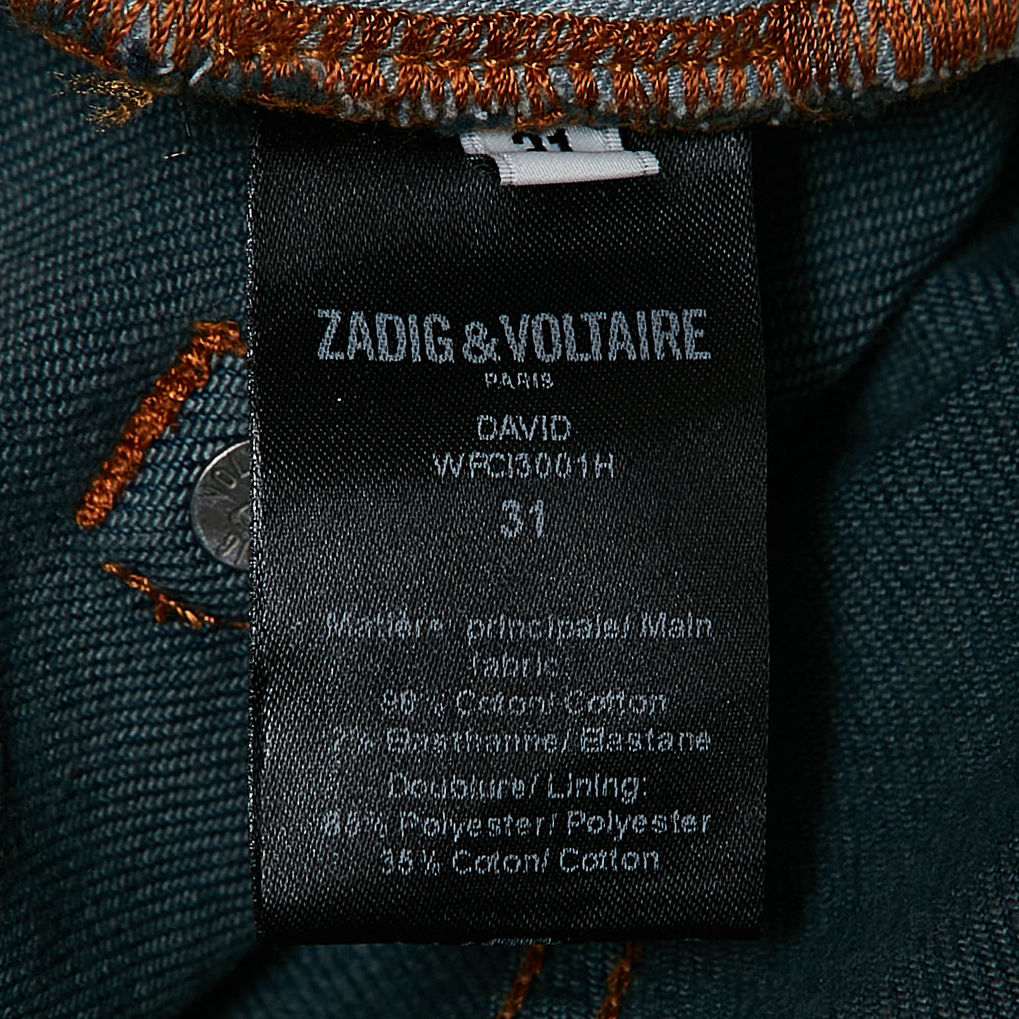 Zadig & Voltaire Blue Brushed Denim David Jeans L Waist 32.5