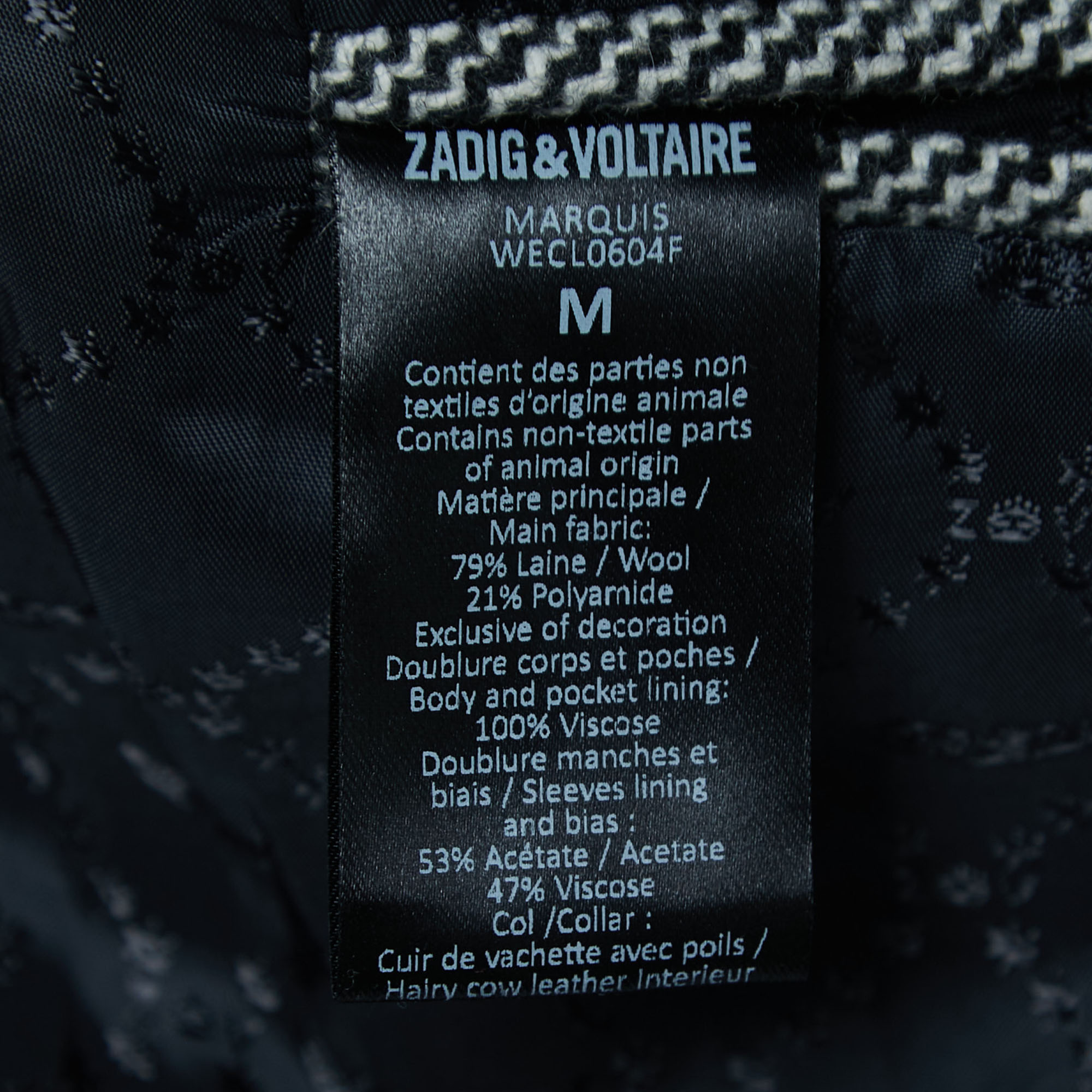Zadig & Voltaire Black Patterned Wool Panel Trimmed Coat M