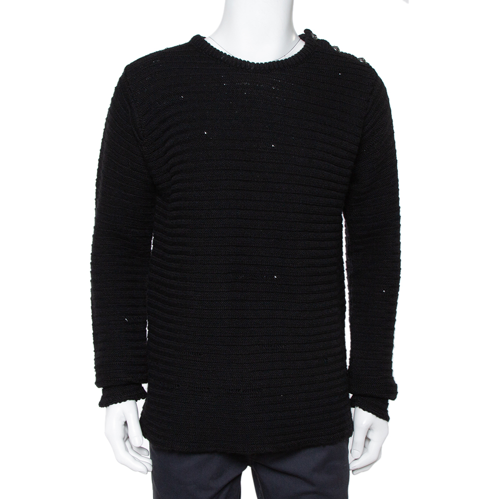 Zadig & Voltaire Black Distressed Knit Merino Wool Jeremy Raye Sweater L