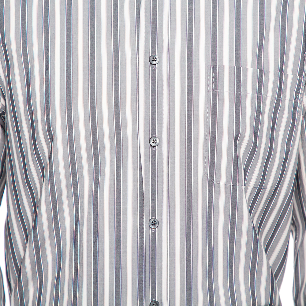 Zegna Sport Grey Striped Cotton & Silk Button Front Shirt M