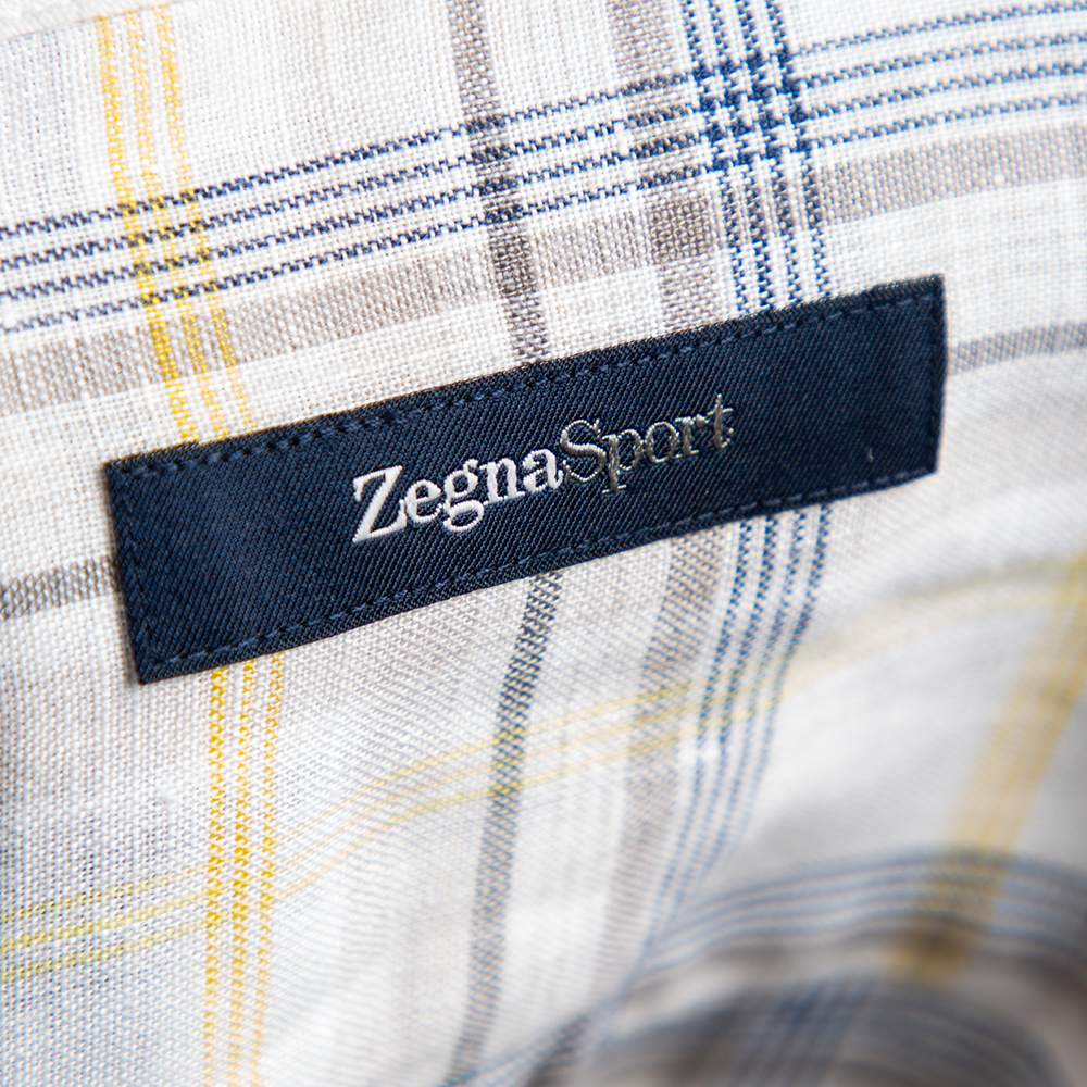 Zegna Sport Off-White Checked Linen Button Front Shirt M