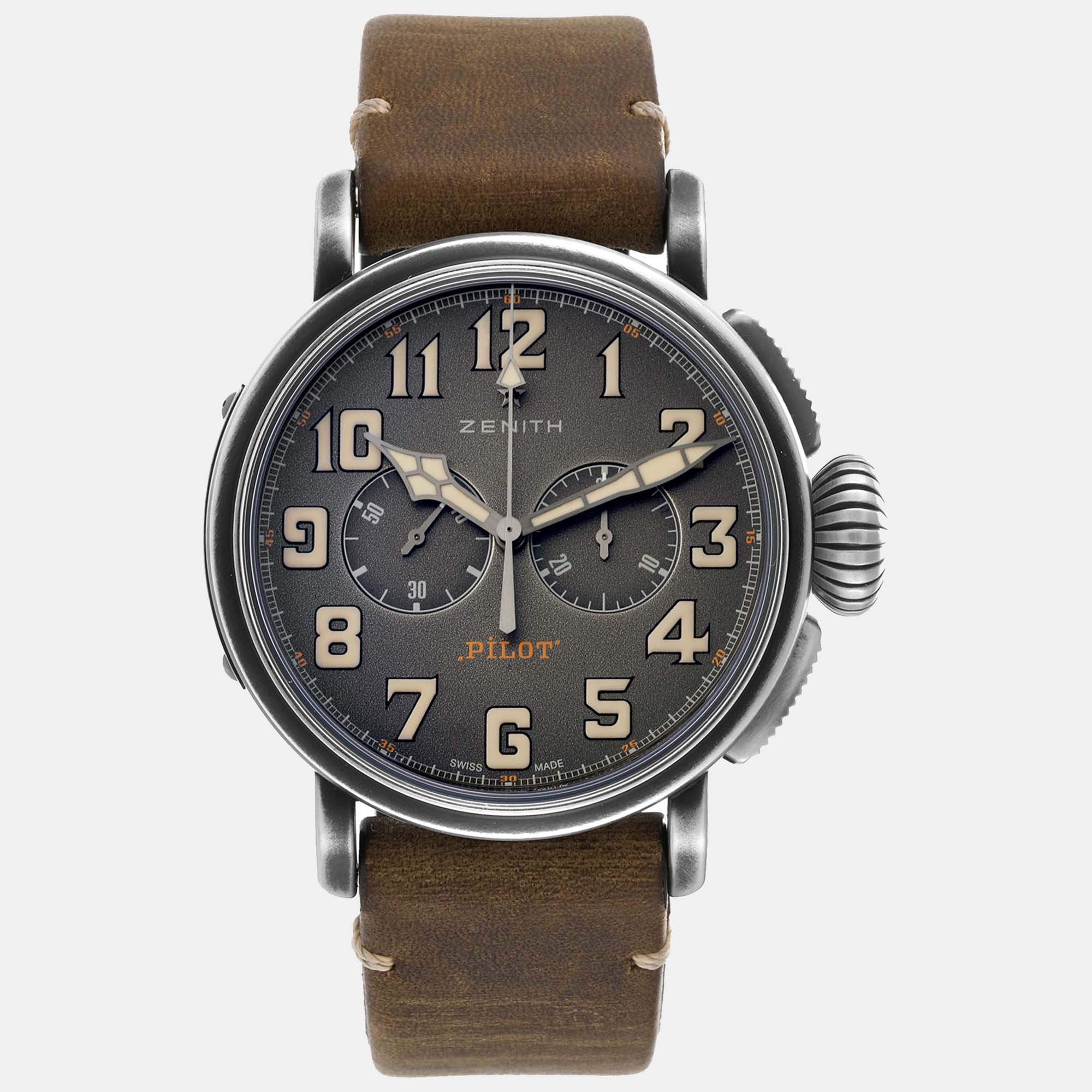 Zenith grey stainless steel heritage pilot automatic men's wristwatch 45 mm