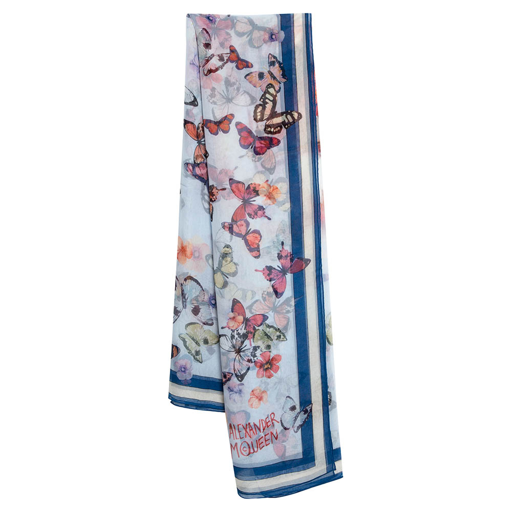 Image of Alexander McQueen Blue Butterfly and Lion Print Silk Square Scarf