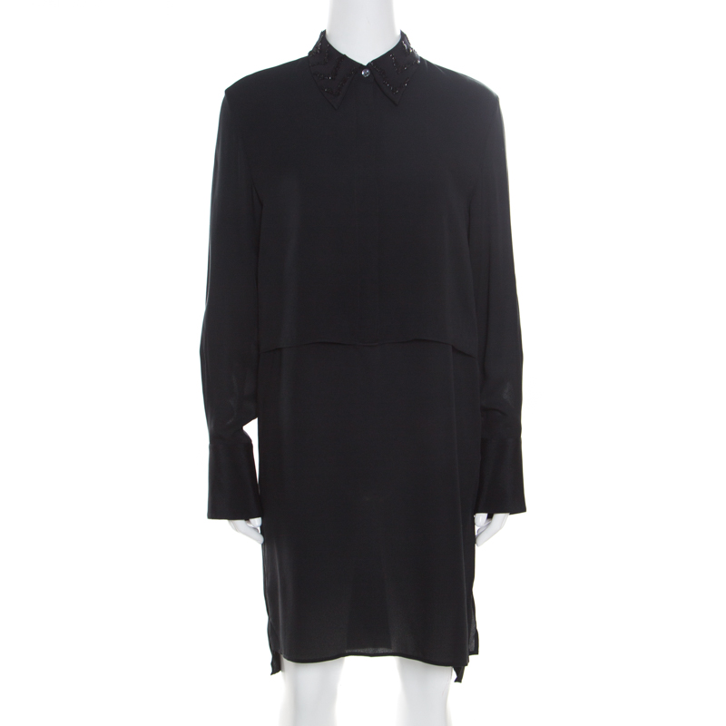 Image of . Phillip Lim Black Silk Embellished Collar Layered Shirt Dress S