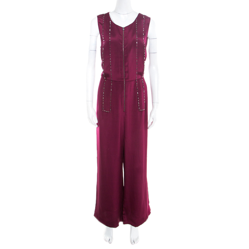 Image of . Phillip Lim Burgundy Embellished Silk Crepe Wide Leg Jumpsuit M