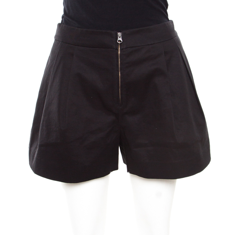 Image of . Phillip Lim Black Pleated Cotton Zip Front Bloomer Shorts S