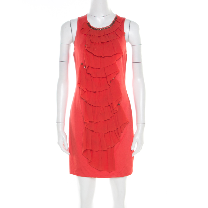 

3.1 Phillip Lim Orange Stretch Knit Chiffon Ruffled Embellished Sleeveless Dress