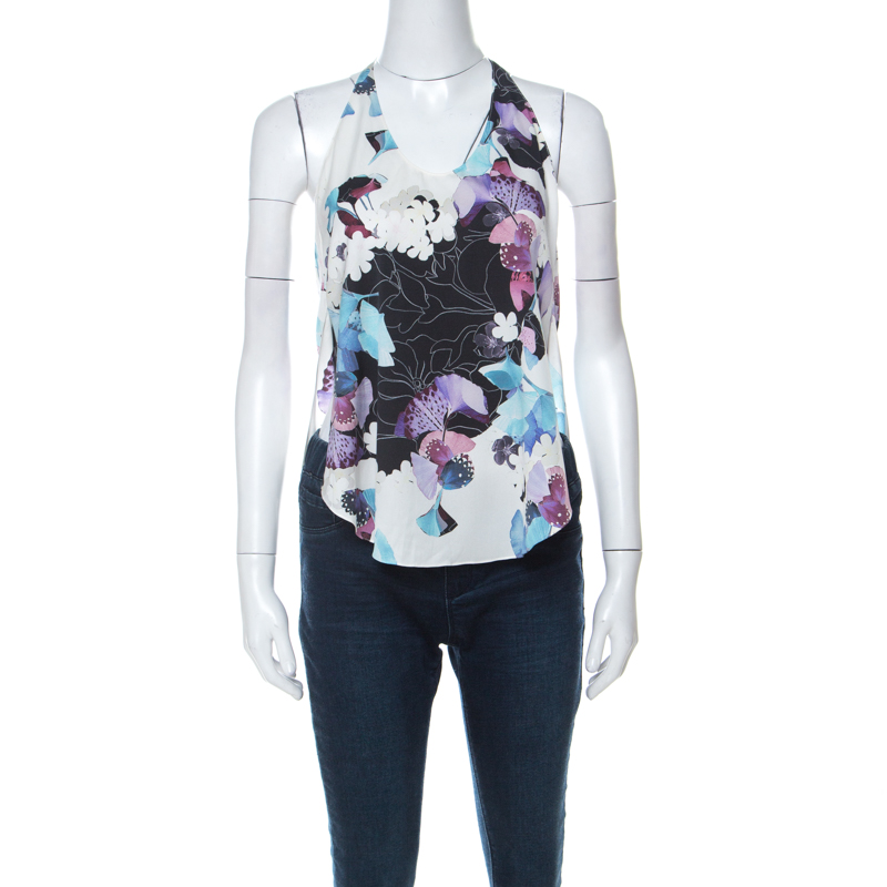 Image of . Phillip Lim White Floral Print Silk Sleeveless Racerback Vest XS