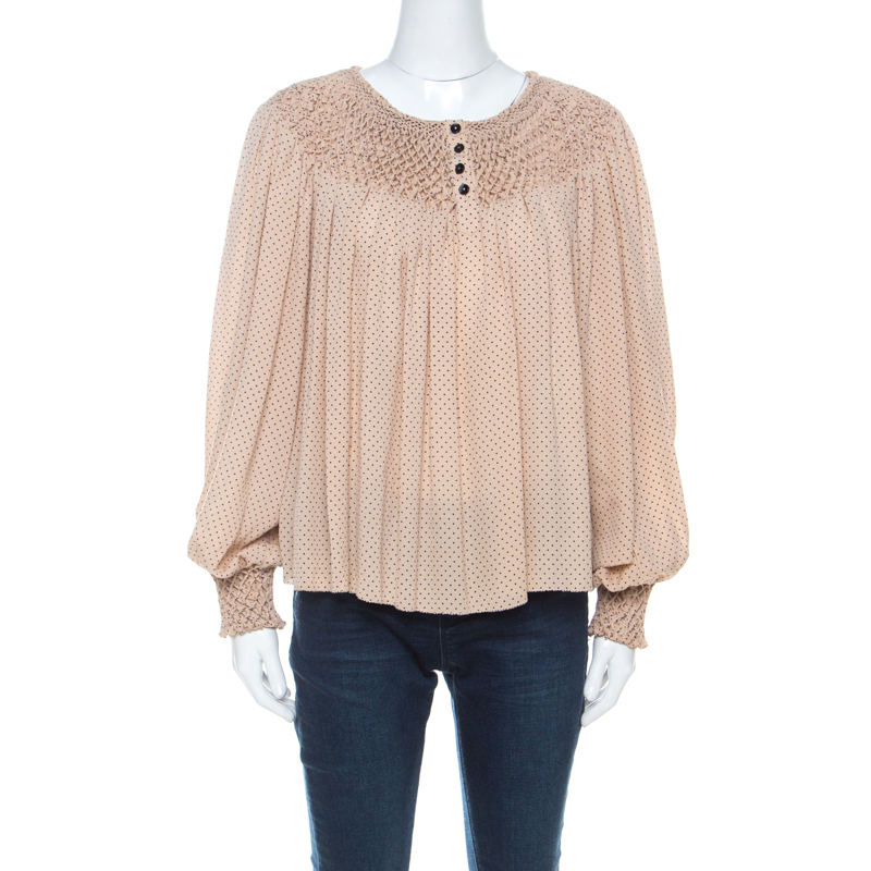 Image of . Phillip Lim Beige Polka Dot Silk Smock Detail Long Sleeve Blouse M