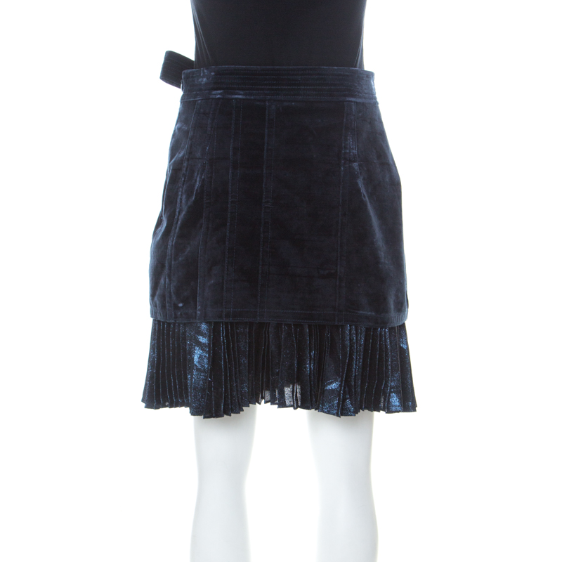 3.1 Phillip Lim Blue Velvet & Lurex Pleated Hem Short Skirt S