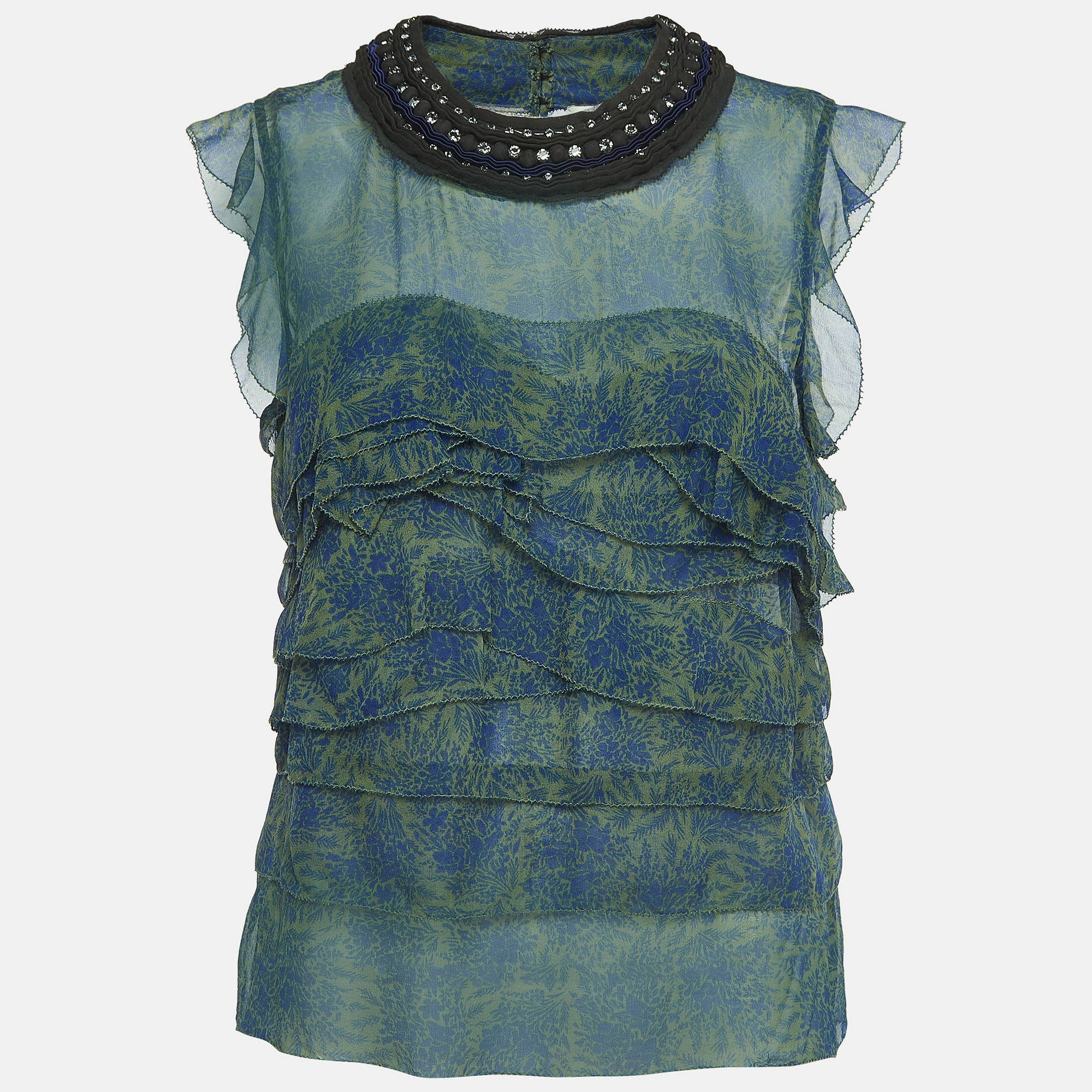 3.1 Phillip Lim Green Printed Chiffon Embellished Top S