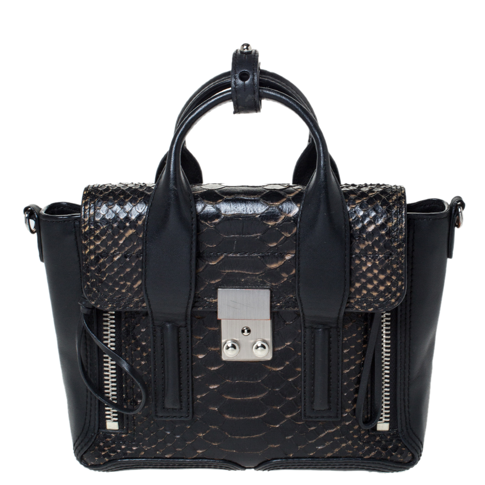 Image of . Phillip Lim Black Leather and Python Mini Pashli Satchel