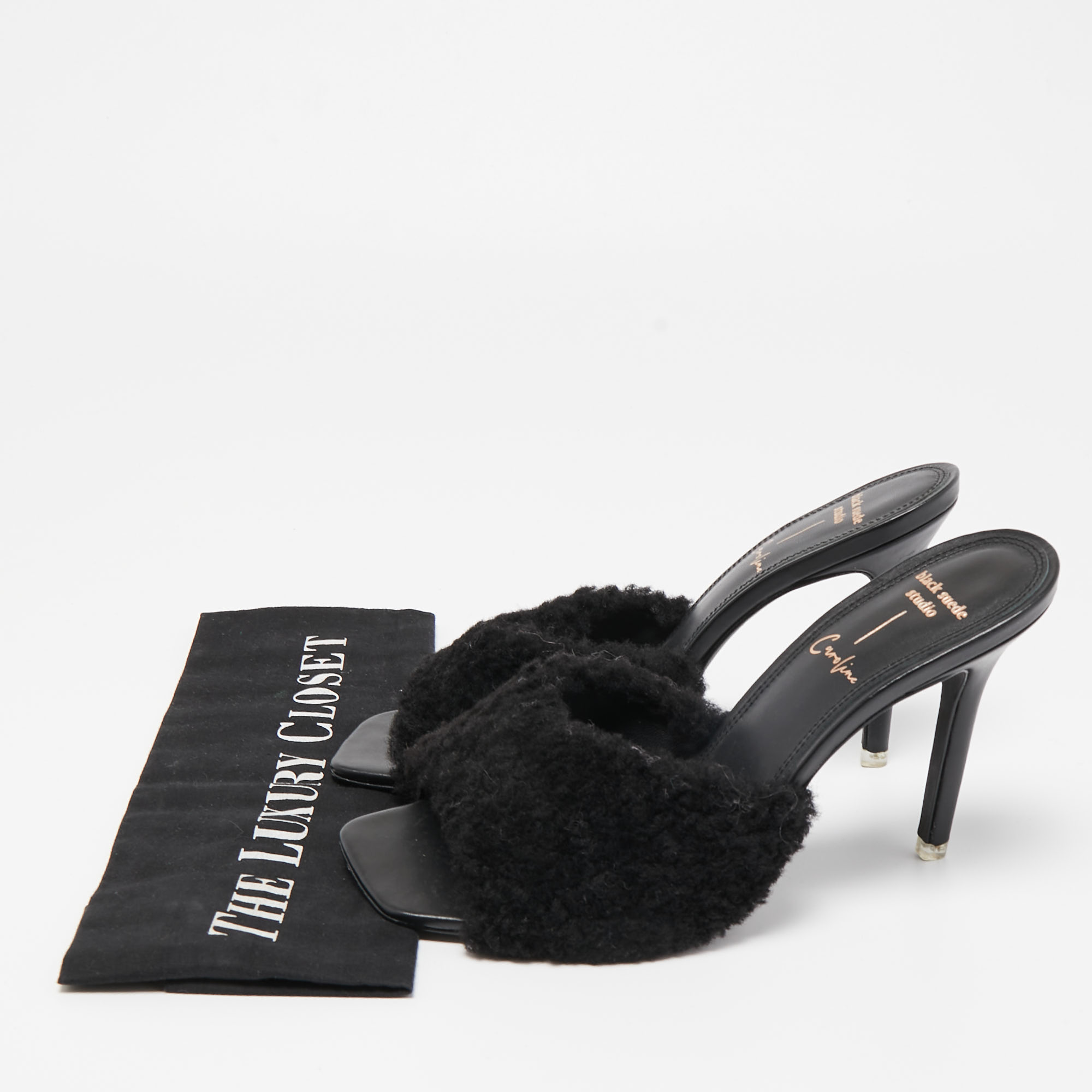 Black Suede Studio X Caroline Stanbury Black Fur Slides Size 38