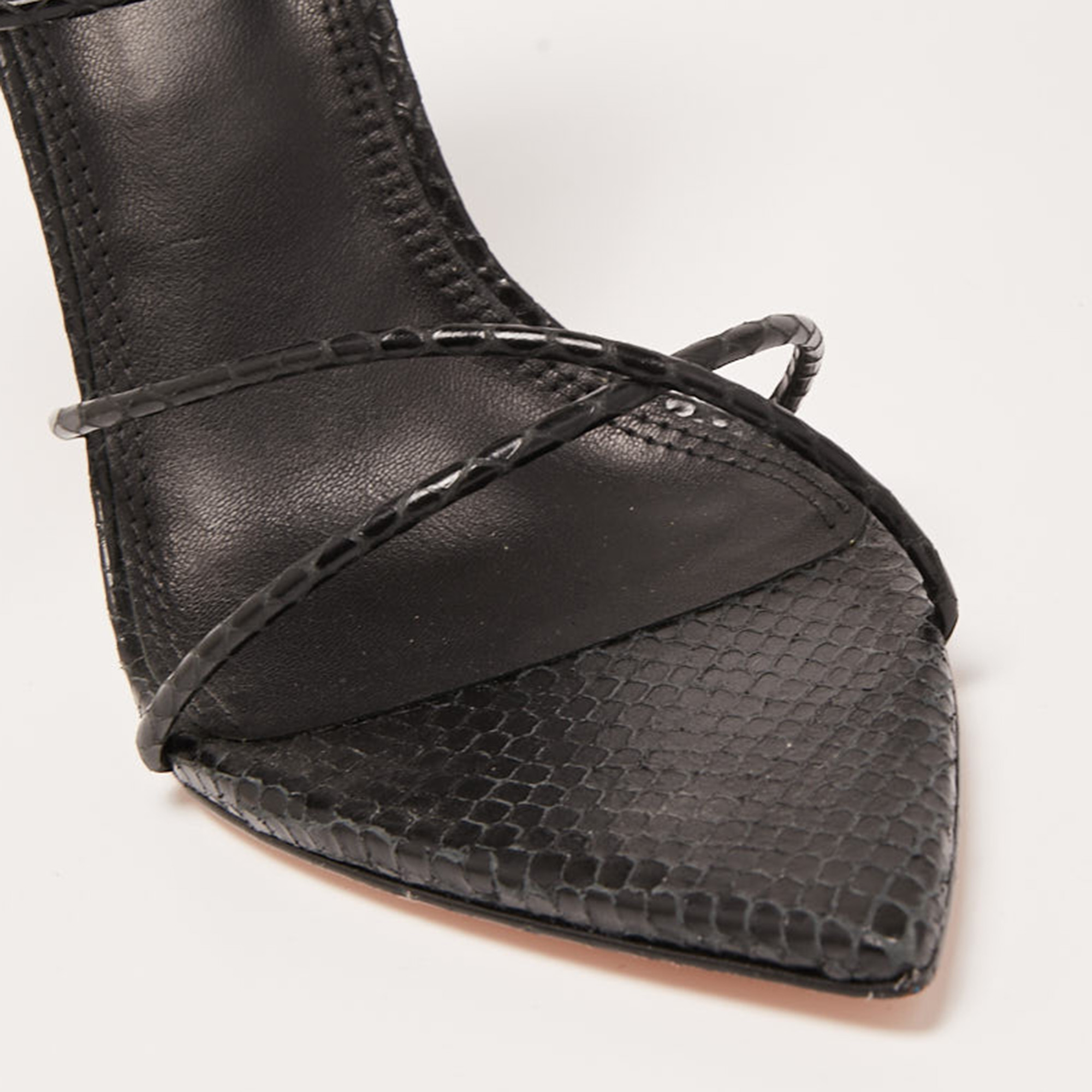 Black Suede Studio Black Python Embossed Leather Ankle Wrap  Sandals Size 38