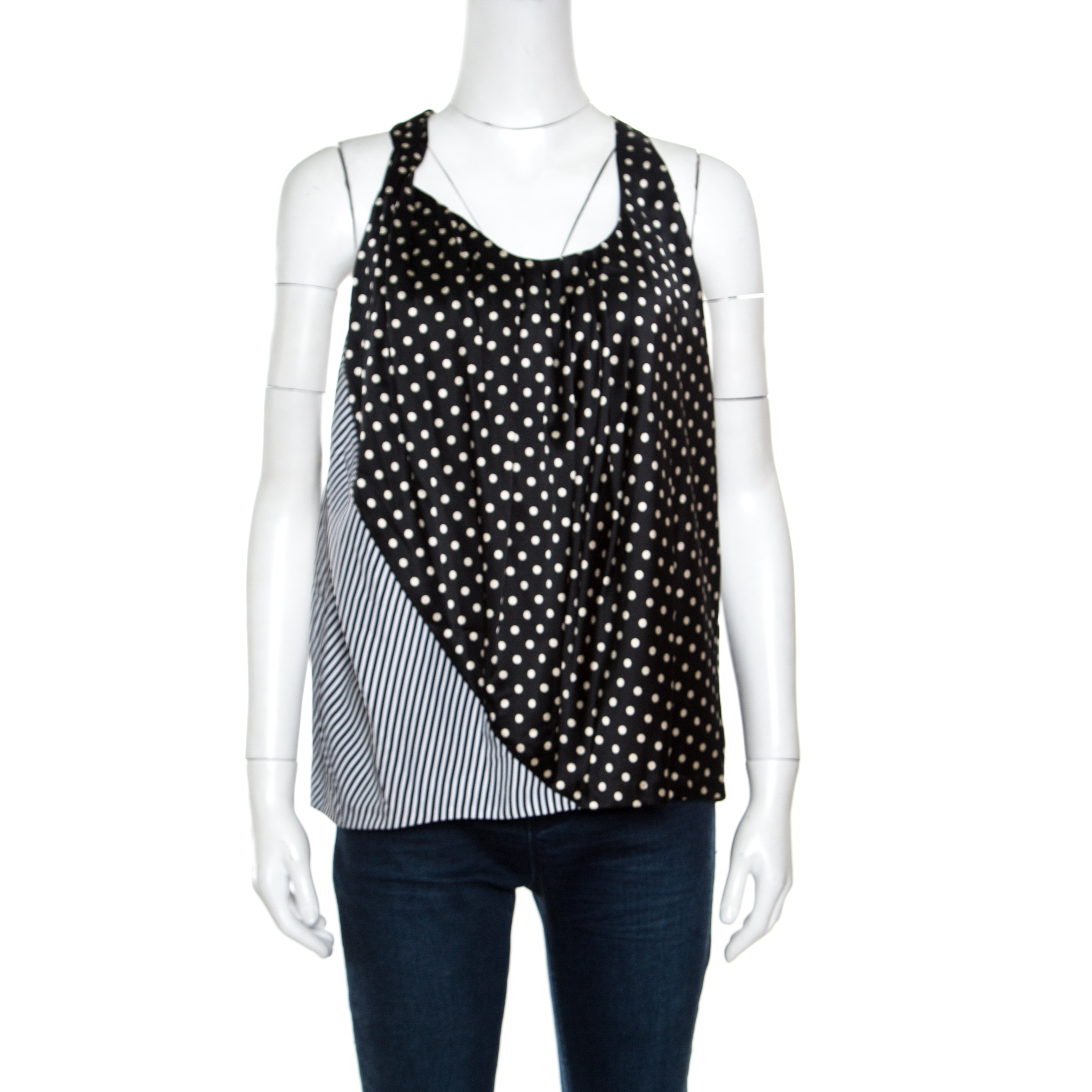 

Acne Monochrome Shy Dots and Striped Panel Detail Silk Asymmetric Tank Top, Black