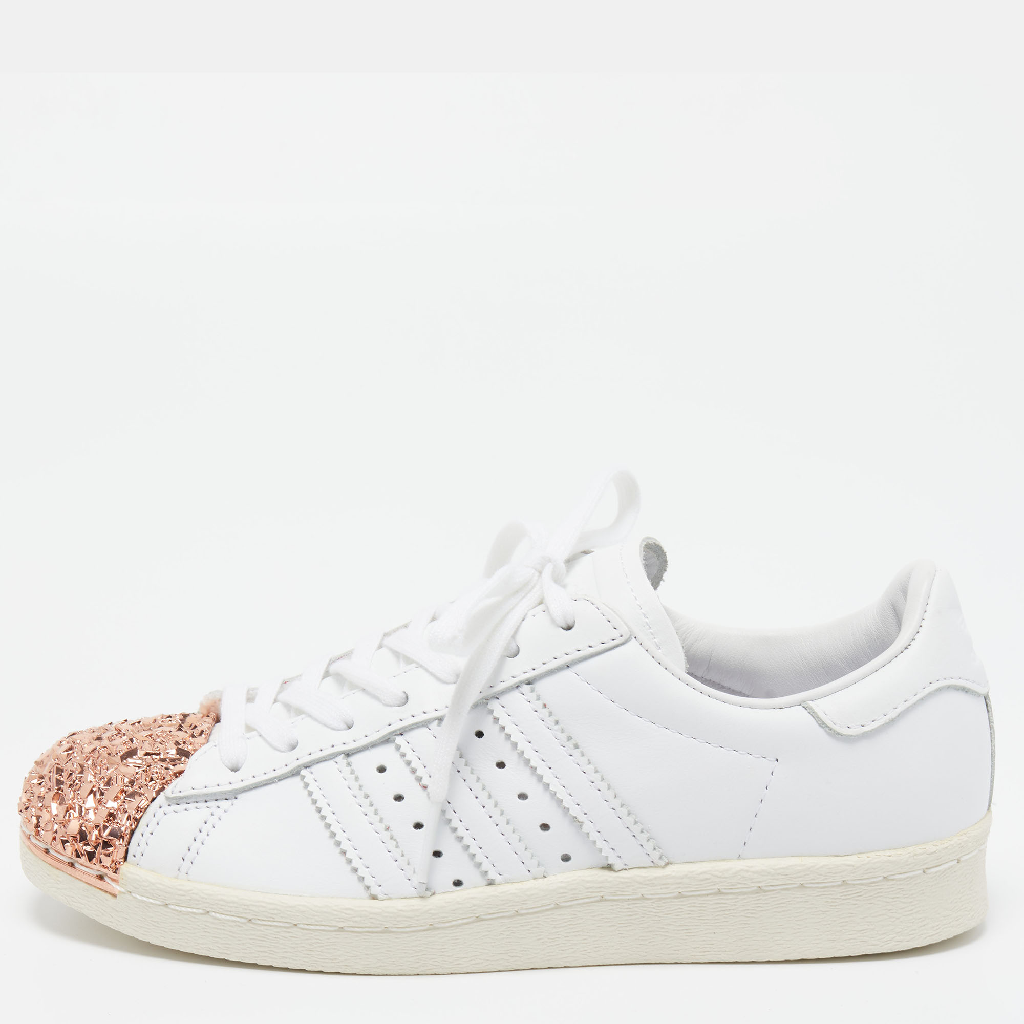 Adidas White/Pink Leather And Metal Superstar Sneakers Size 37.5